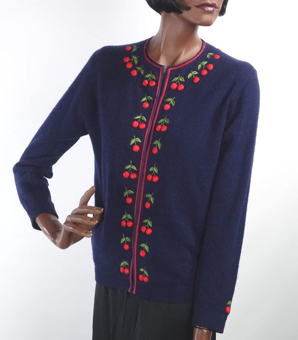 Women’s 50s Cherries Cardigan Sweater Vintage Dark Blue Small to Medium
