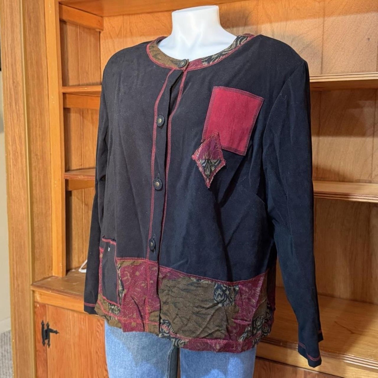 Vintage 90’s C.M. Shapes Patchwork Boho Jacket Top Women’s Artsy Button Front