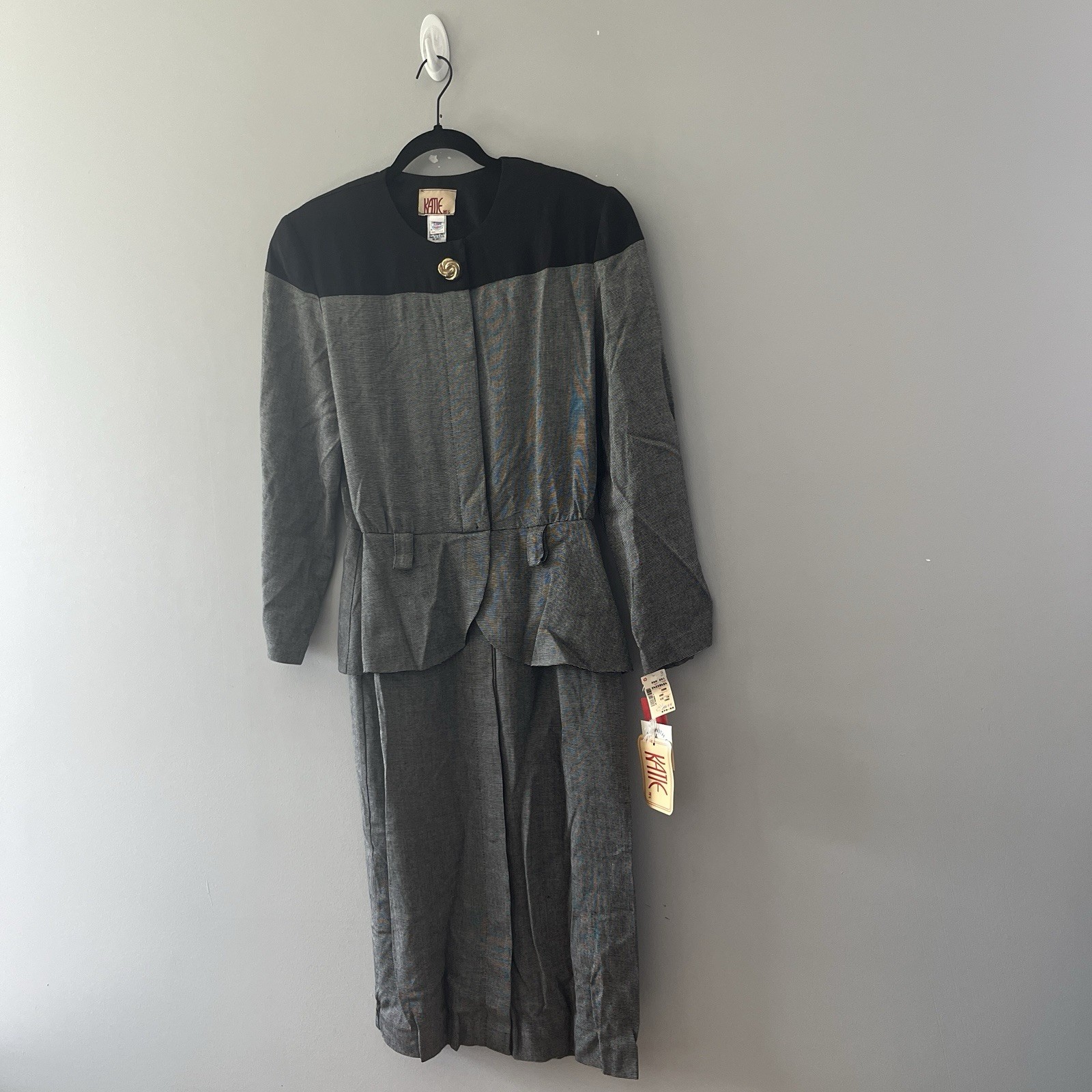 Vintage 80s Katie Gray Dress Button Front Secretary Neutral Work Office