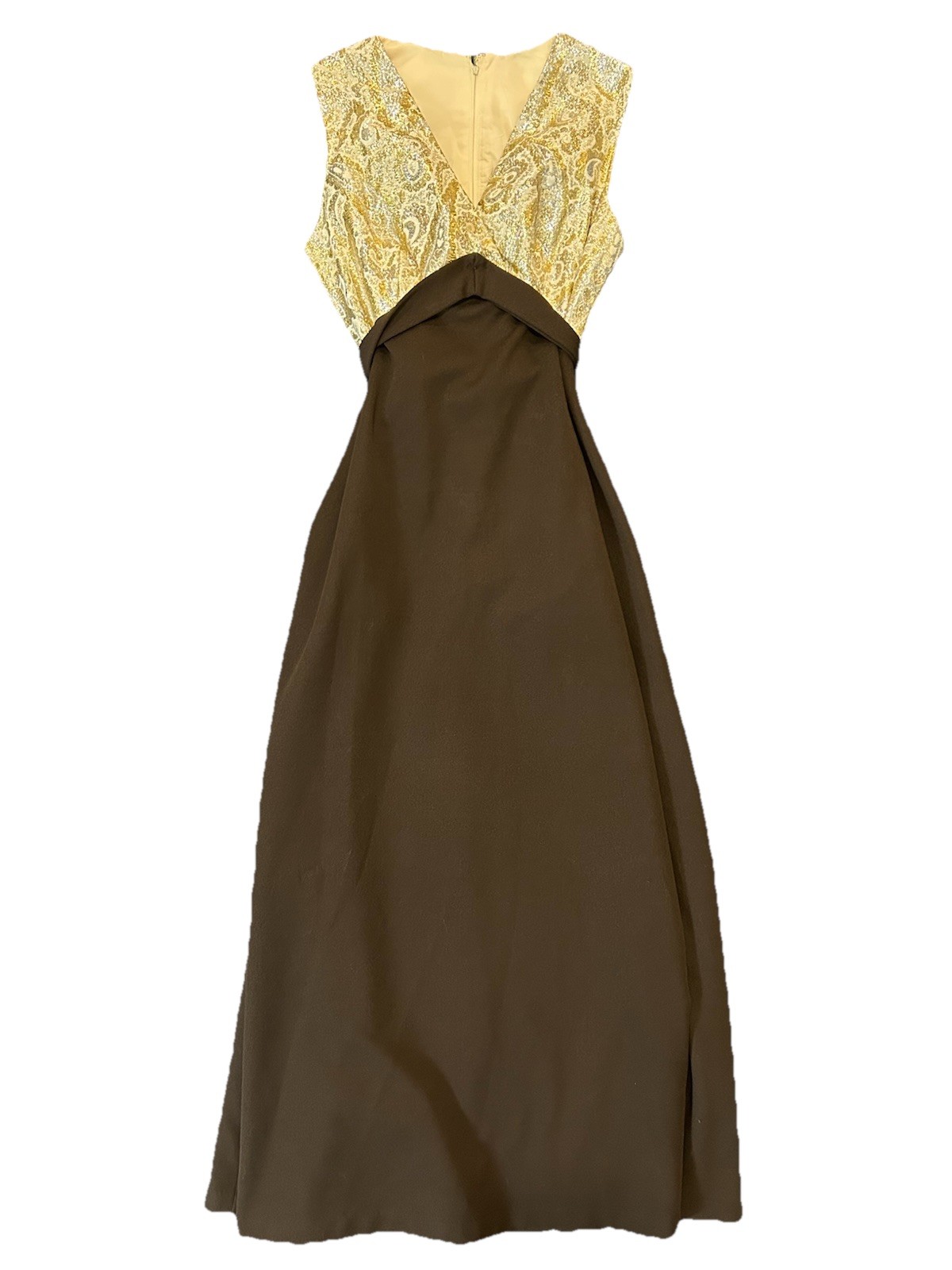 VTG 70s Handmade Polyester Maxi Dress Brown Gold Silver Sleeveless Tie Waist SM