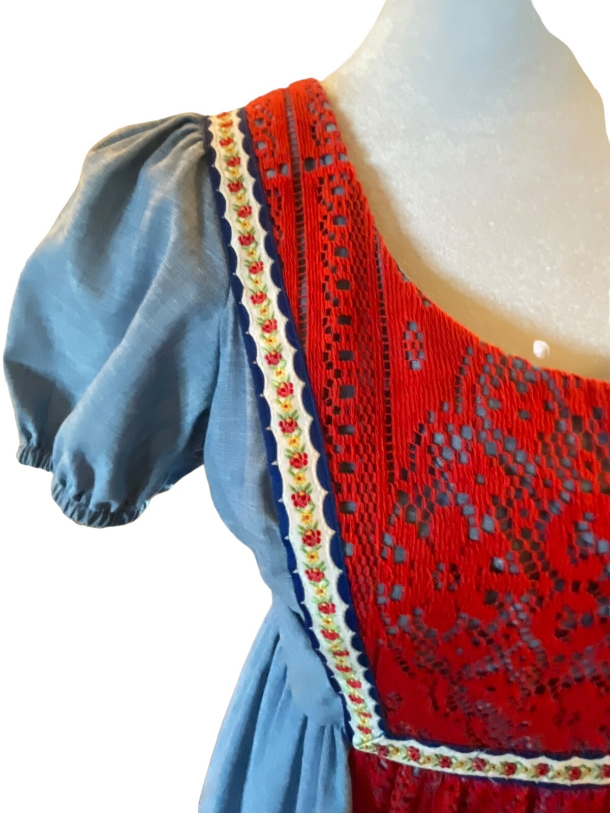 VINTAGE Joy Stevens CA boho maxi dress Blue Red Pinafore Lace Crochet Puff 3/4