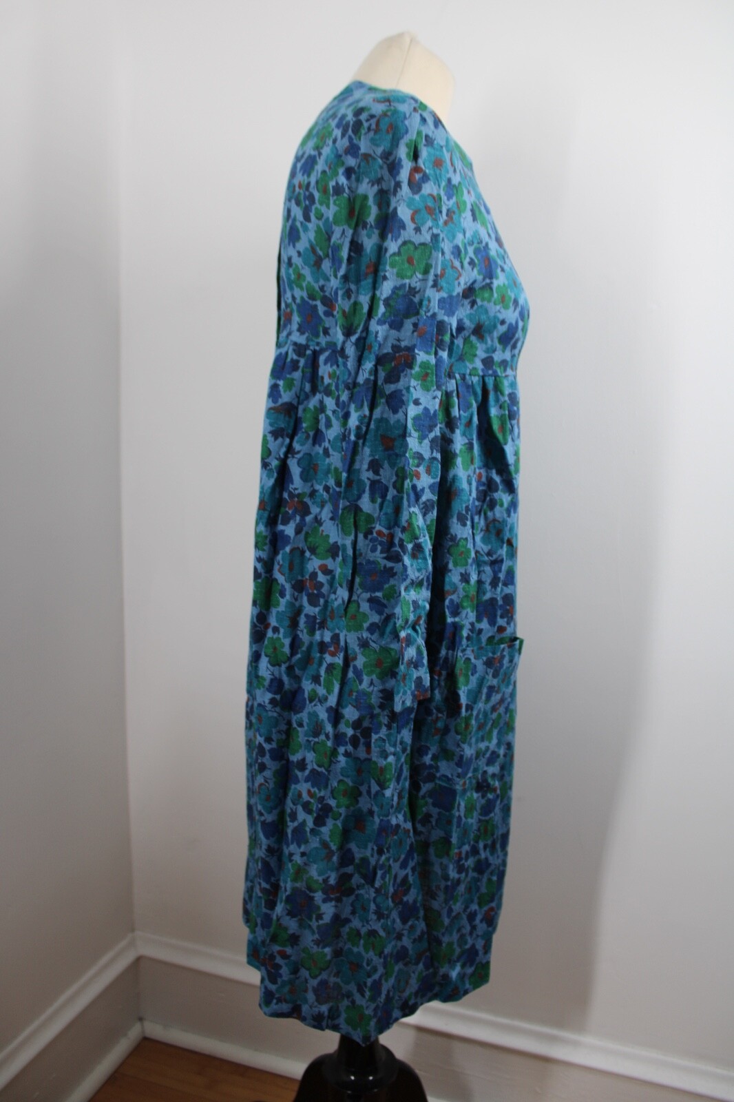 Vtg 50s/60s Blue Floral 14 Woven Cotton Long Sleeve Dress 36″ Bust