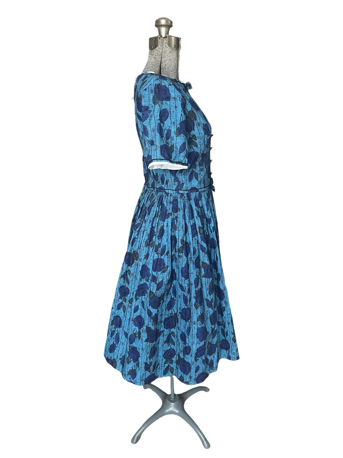 Vintage 1950’s Jewel Tone Blue Rose FULL SKIRT Party Rockabilly Easter Dress