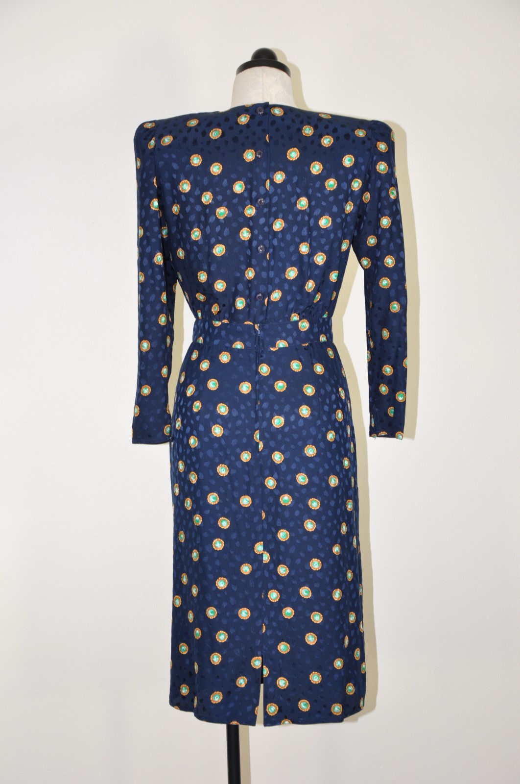 80s Vintage Navy Blue Silk Gemstone Print Puff Sleeve Back Buttons Dress Women S