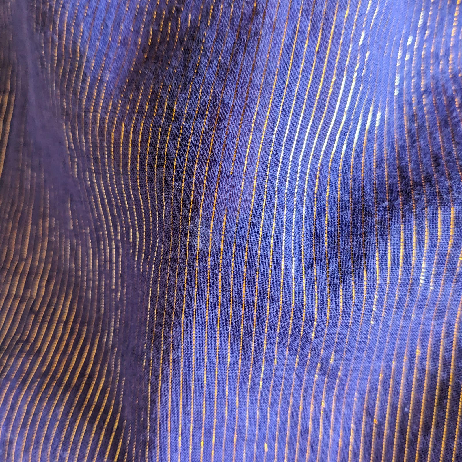 VTG 80s Metallic Gold Stripe Cotton Voile Blouse 14/L Purple Button Up Top India