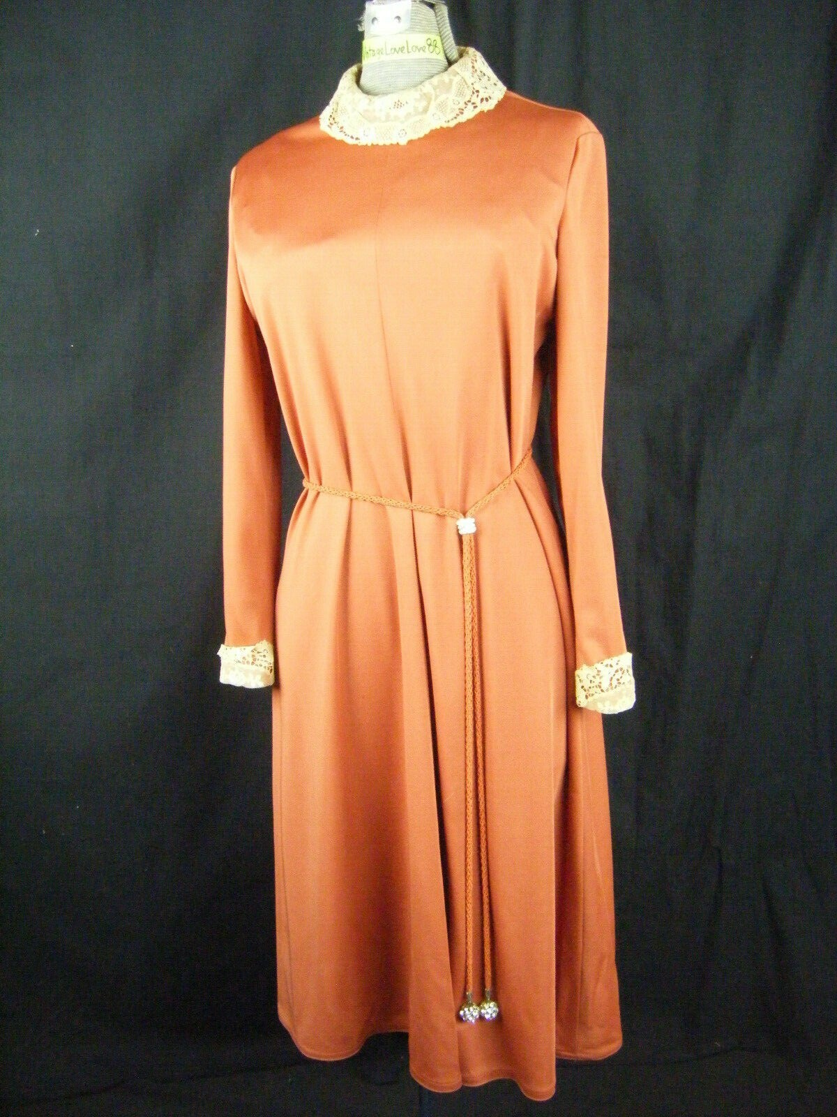 JAMES DAUGHERTY Vtg 70s Brown Knit Dress w/Antique Lace Collar & Cuffs-Bust 40/M