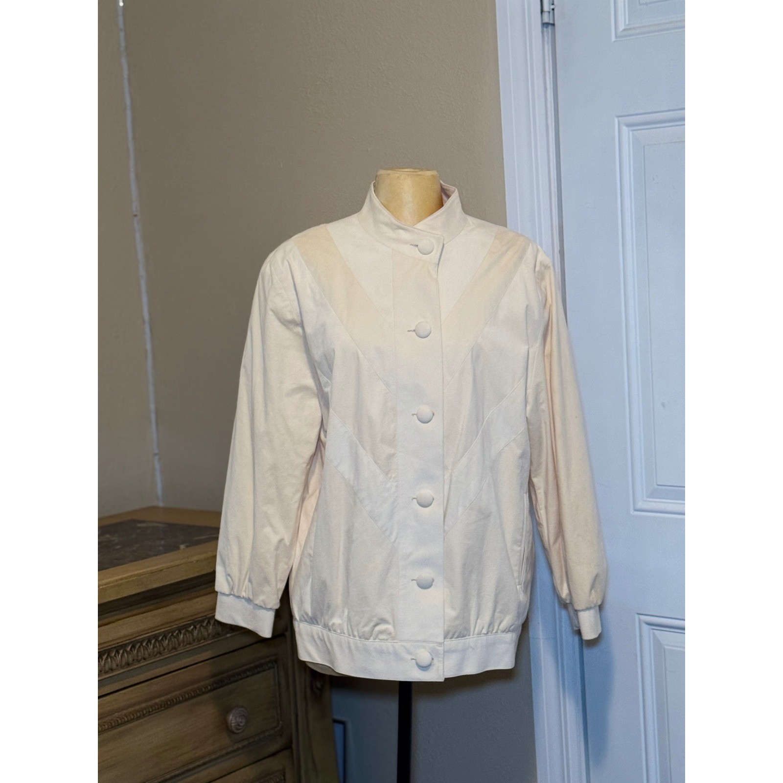 Vintage Women’s Ivory Faux Suede Jacket Mock Neck Lightweight Coat Made in USA