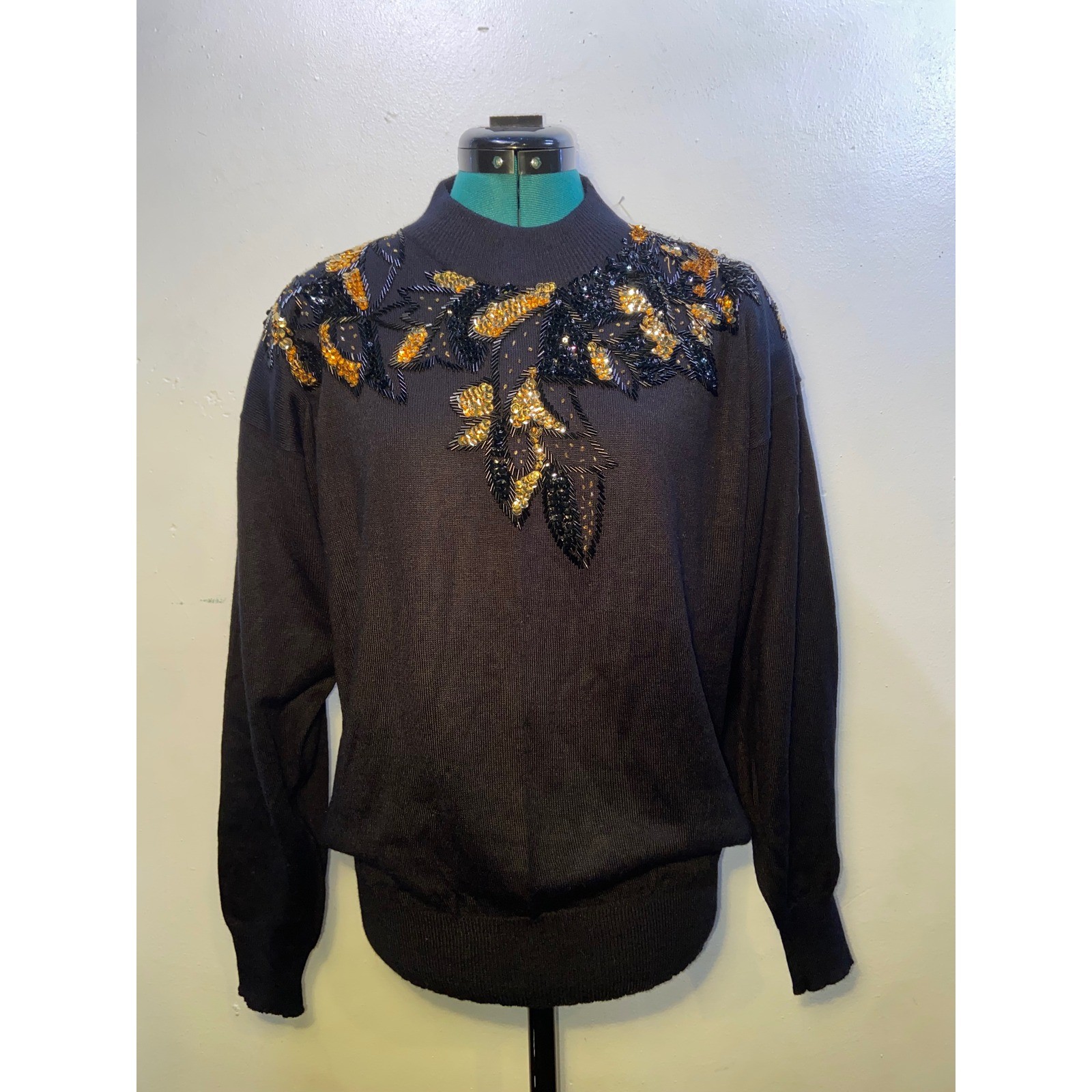 Vintage 1980s Regency Collection for Joyce Sequin Beaded Sweater XL Mock Neck