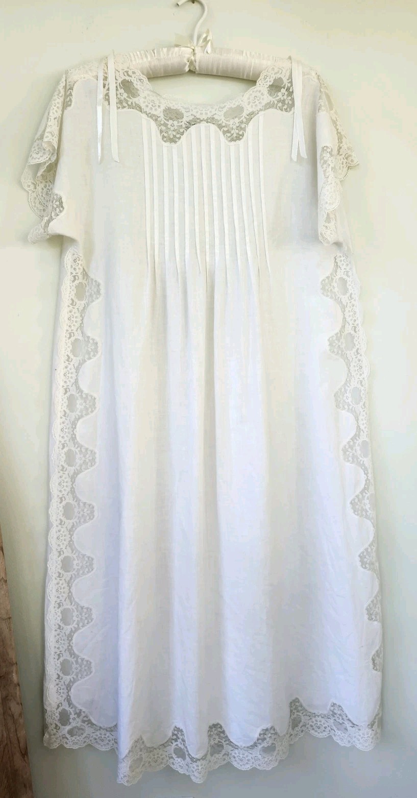 60s Vtg Edwardian Style White Lace Cotton Nightgown Cottagecore Montenero Sz Sm