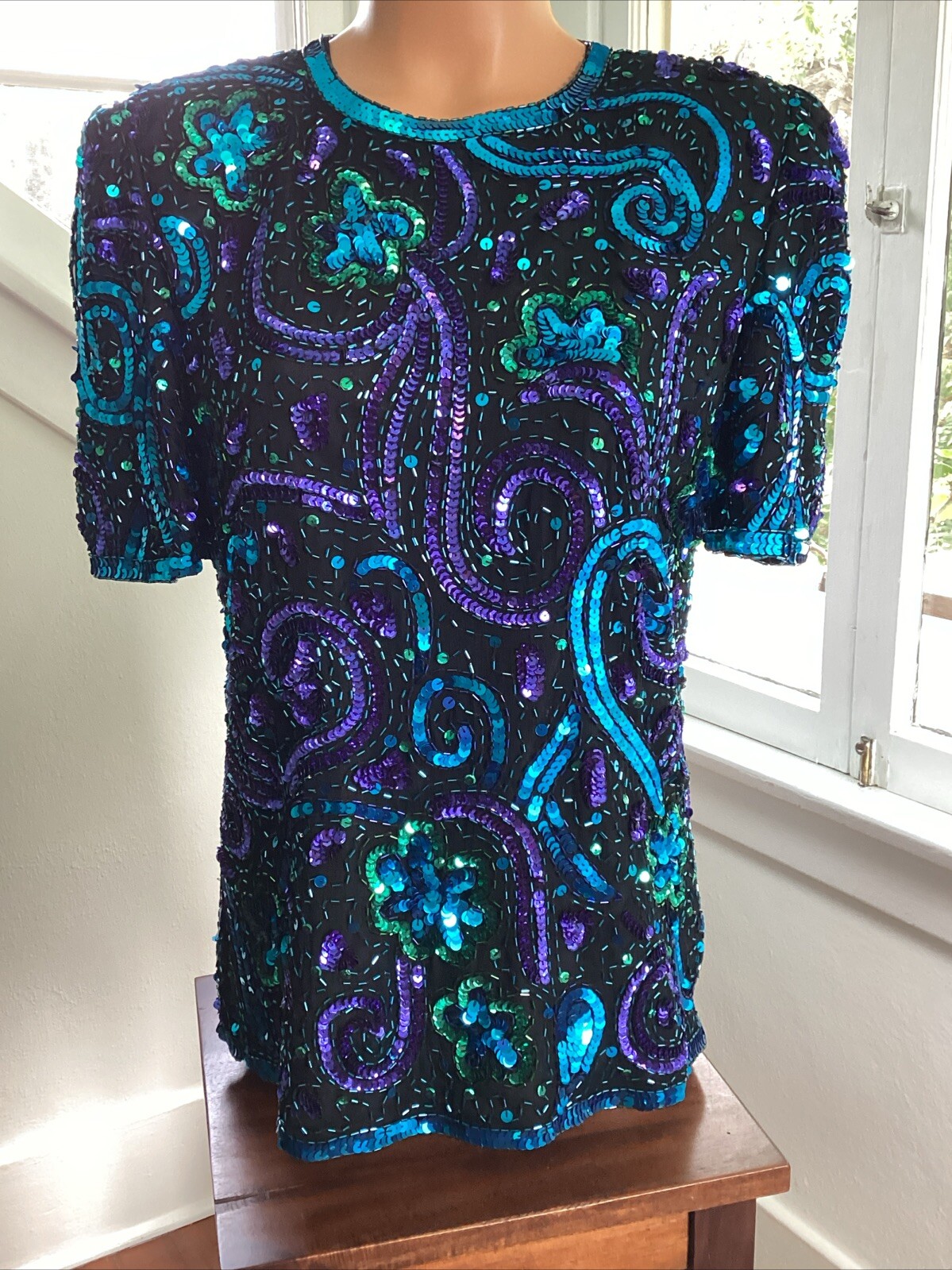 VTG Lawrence Kazar Silk Sequin Beaded Top Bouquet Teal Black Purple Formal Sz PS