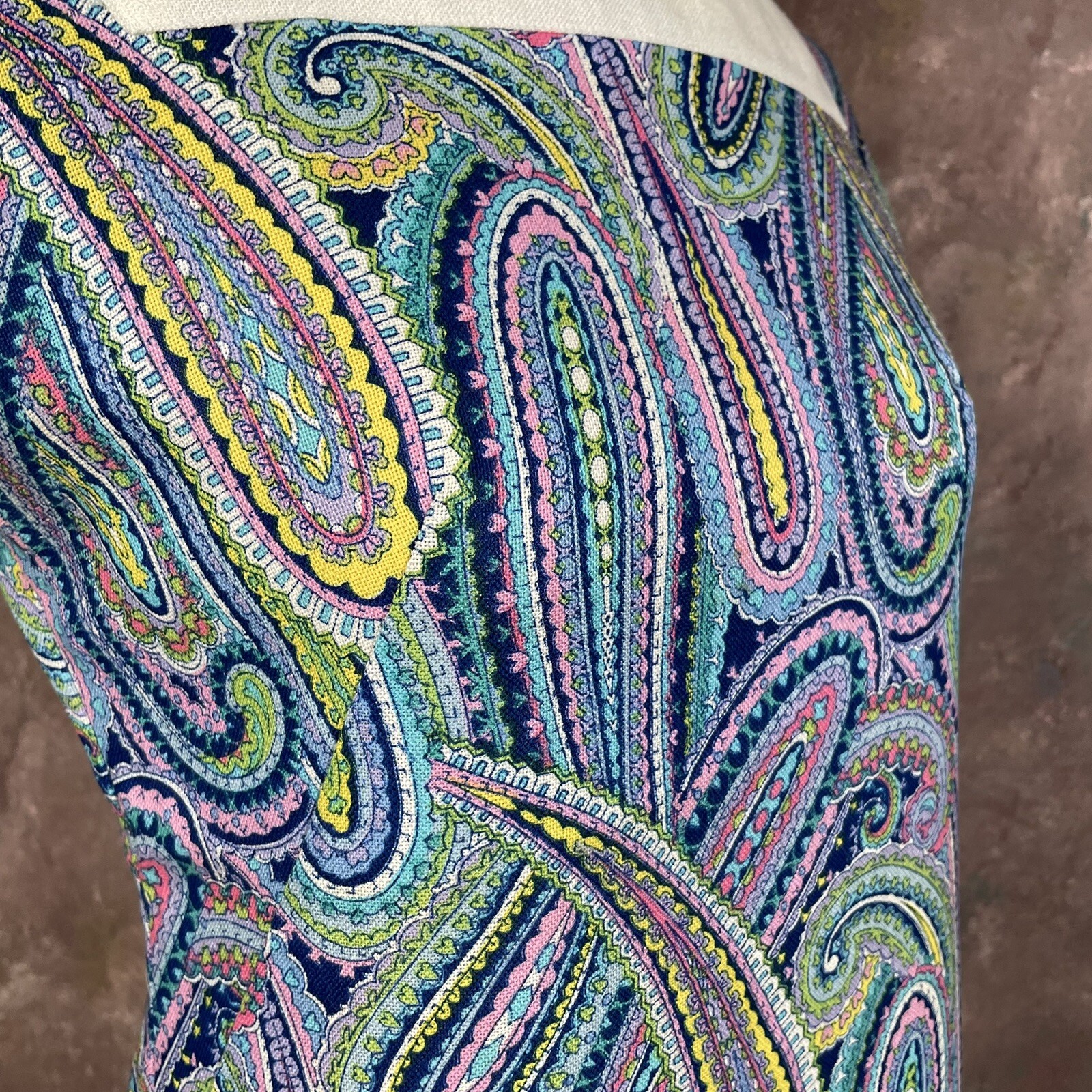 Paisley Shift Dress Vintage 1960s XS Sleeveless Blue Purple Yellow Handmade