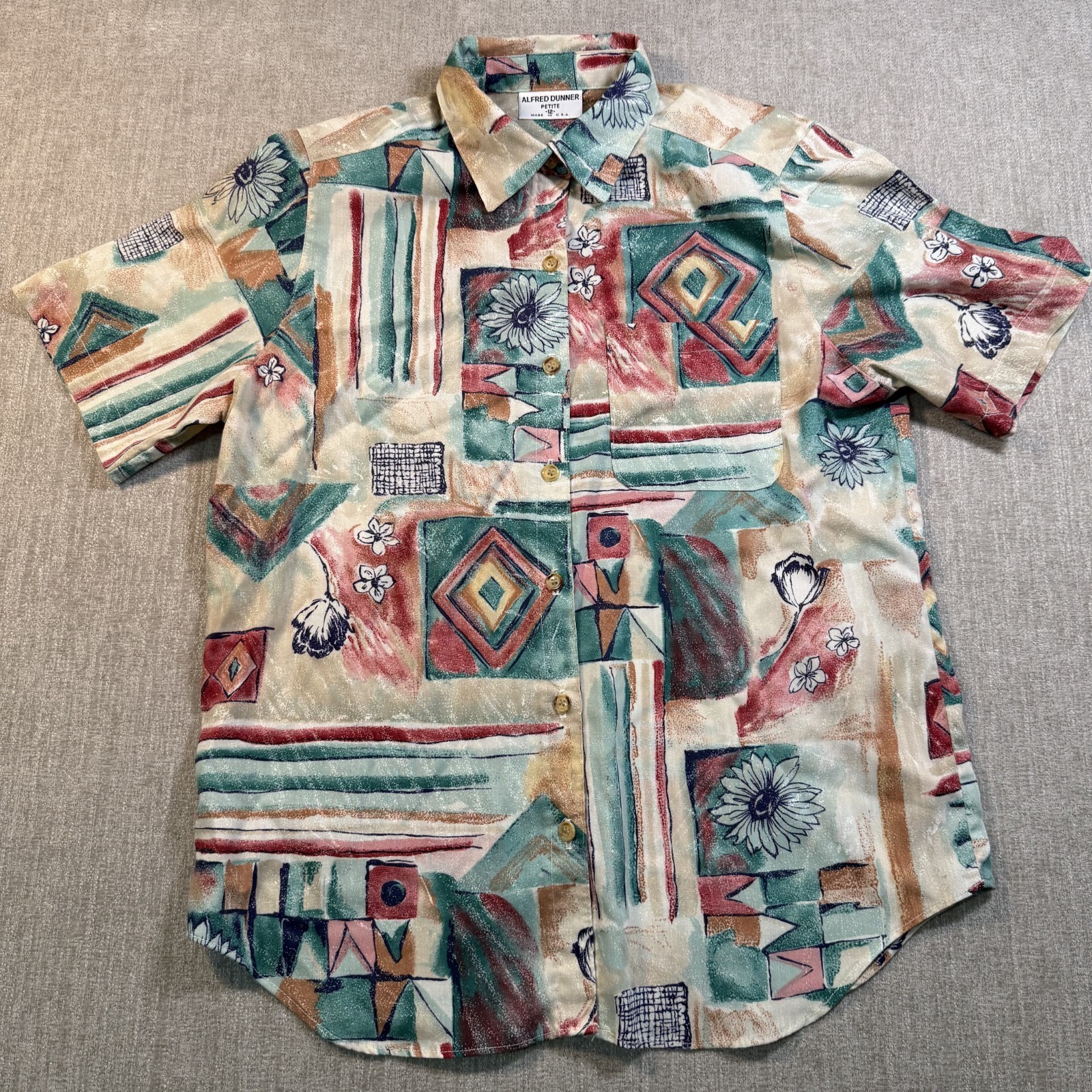 Vintage Alfred Dunner Petite 12 Abstract Geometric Flower Blouse Shoulder Pads