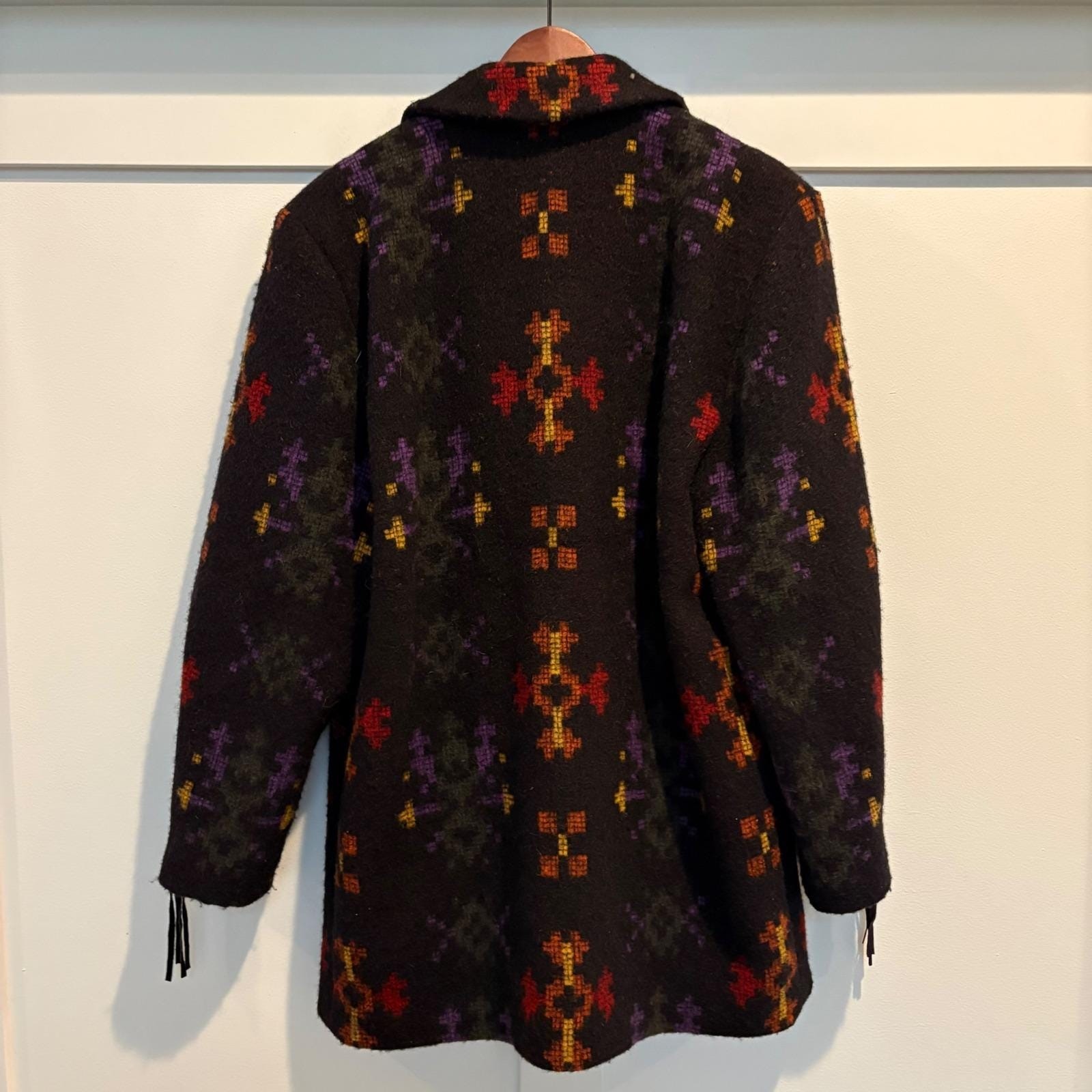 Vtg Doncaster Wool Blend Coat Women 8 Black Southwest Concho Fringe Aztec Navajo