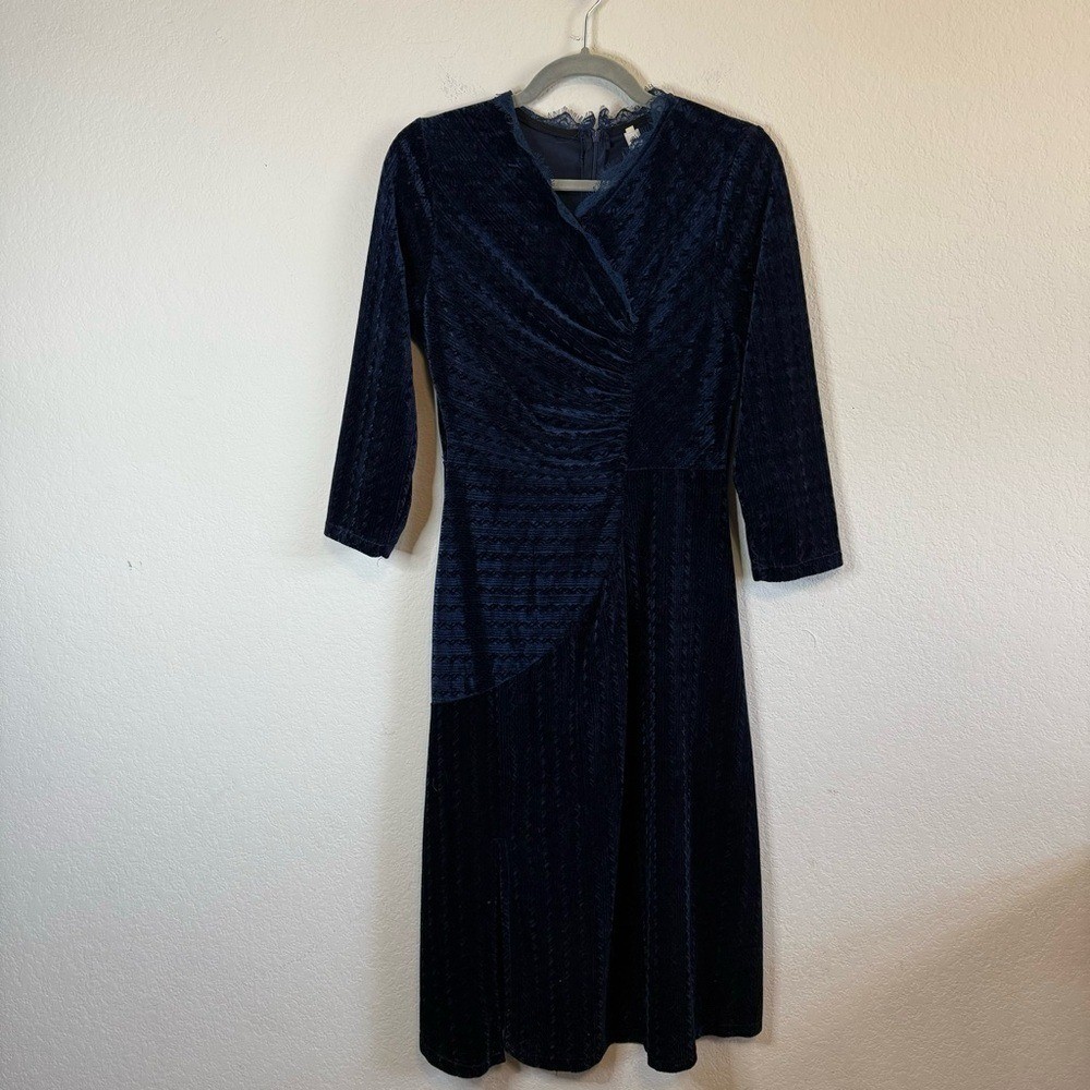 Dark Navy Blue Velvet Surplice Vintage Knee Length Dress Size Large