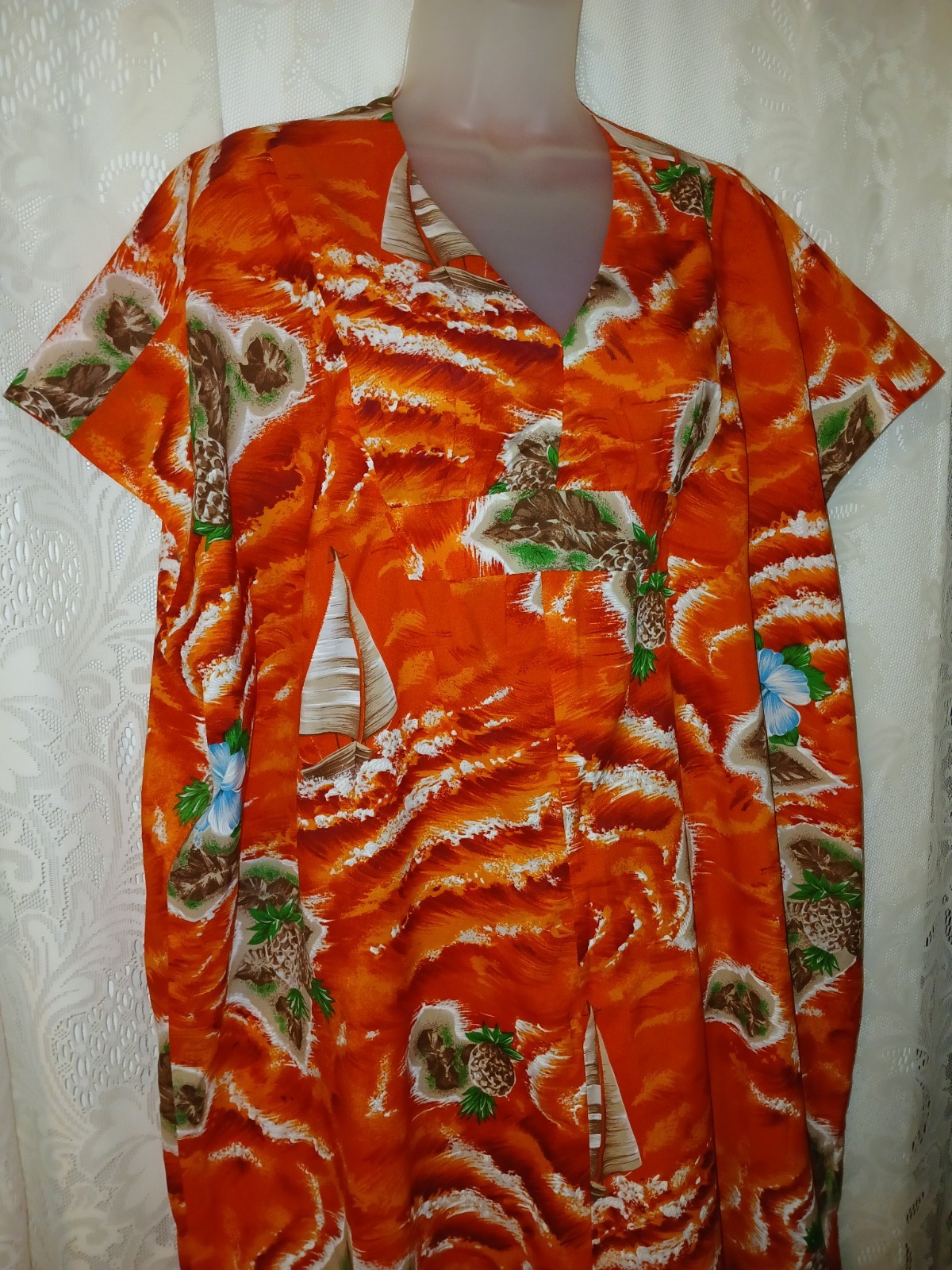 Vintage 70s Hawaiian Islands Pineapple Orange Muumuu Caftan Dress Tiki Oasis S/M