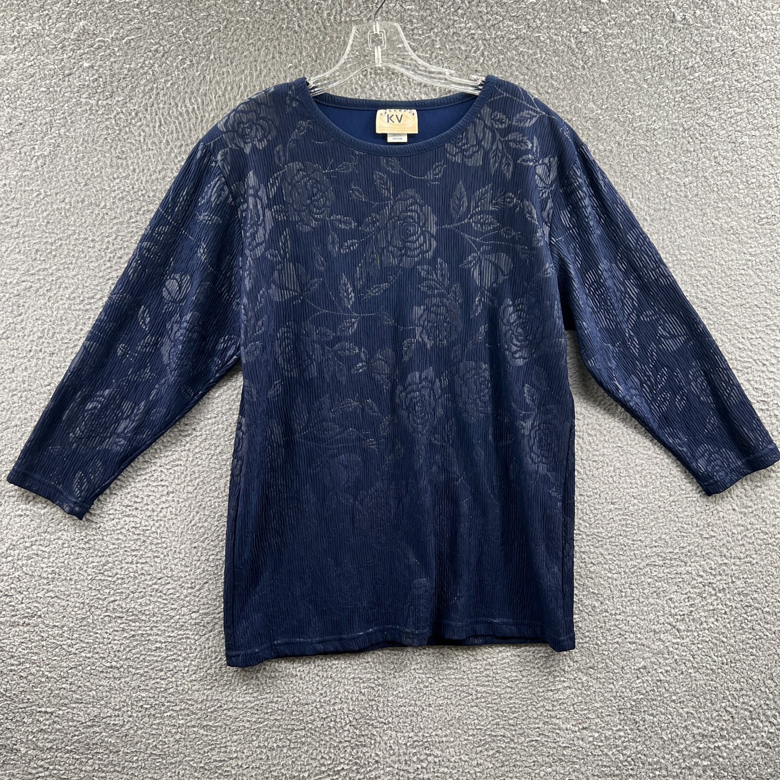 Vintage Womens Tunic Top M Navy Rose Floral Crinkle Textured Lagenlook Artsy