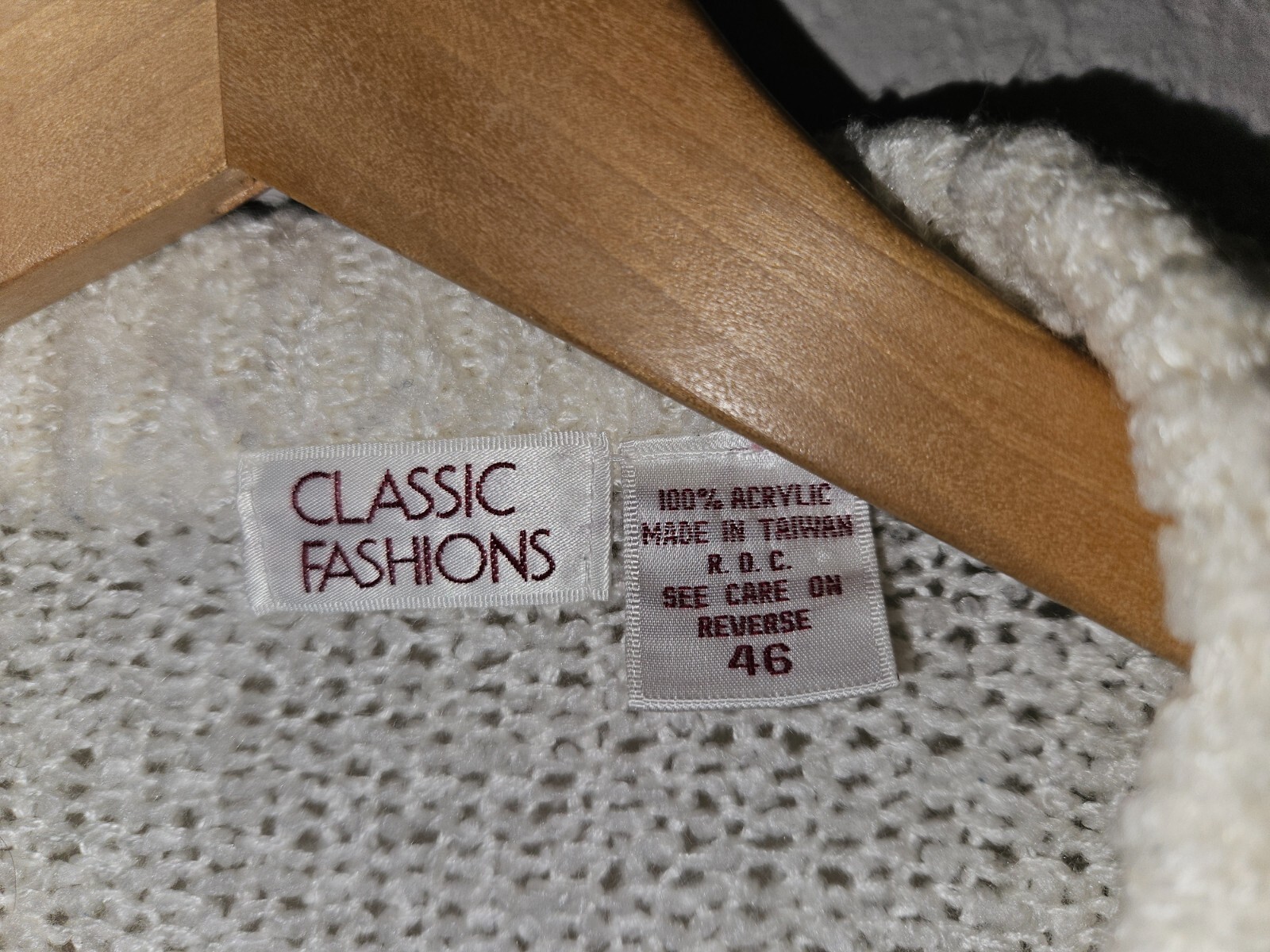 Vintage Classic Fashions Nubby Open Cardigan Size 46 US 16 XL Ivory Taiwan
