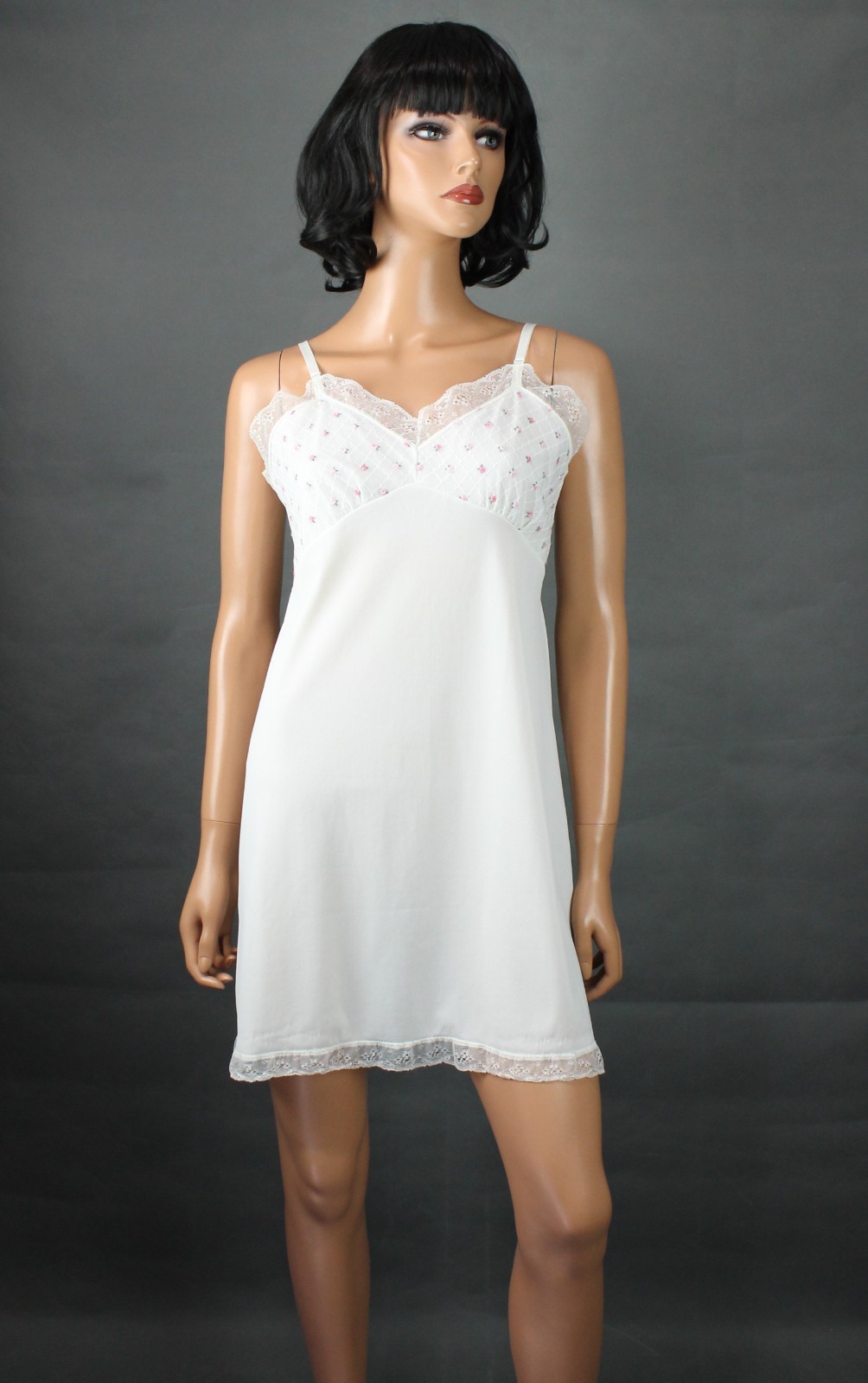 50s Velrose Full Slip 36 White Pink Embroidered Chiffon Short Mini Dress Slip