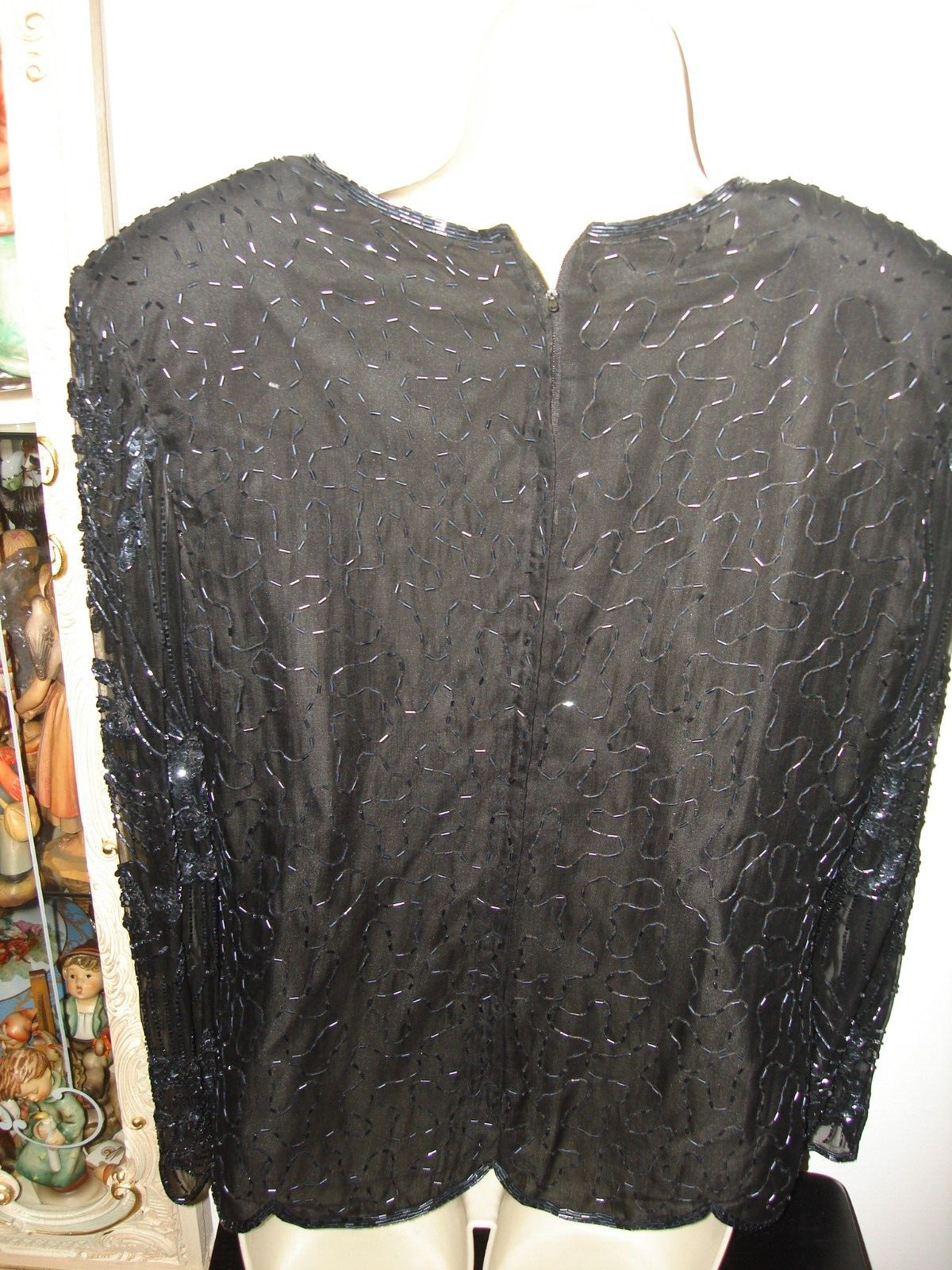 Vintage Unique Nice STENAY EVENING Black Silk Beaded Cocktail Long Sleeve Top L