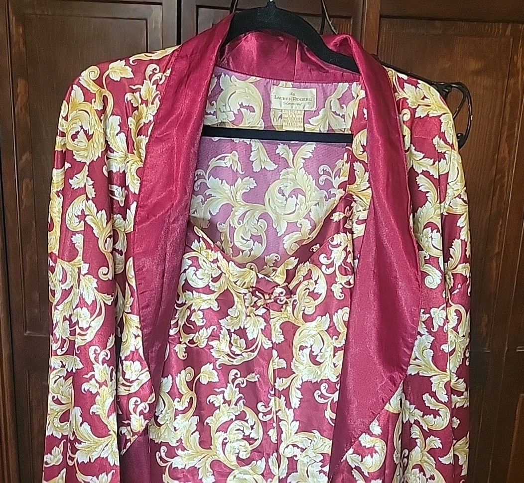Vtg Lauren Rogers Silky & Satiny Nightgown & Robe Linegerie Pajama Set 1X EUC
