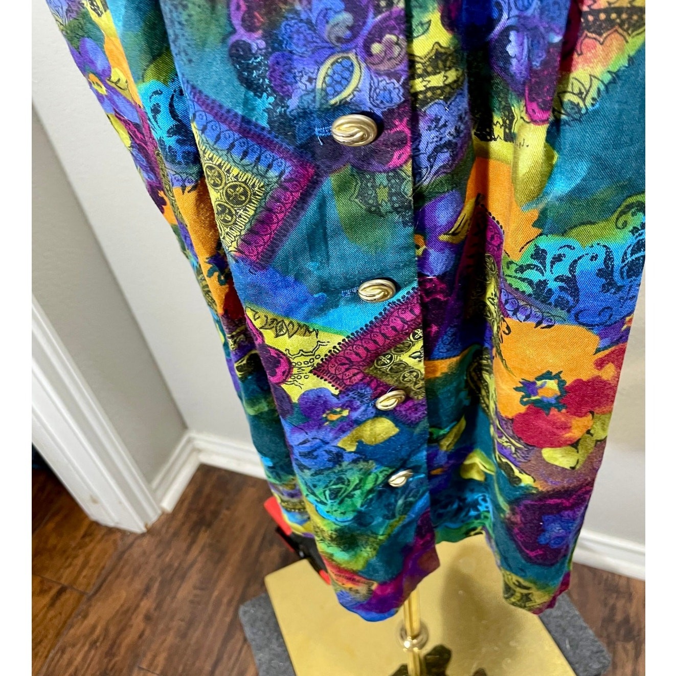 Vintage 80s Via Sant Andrea Dress Vibrant Multicolor Floral Geometric Size 12