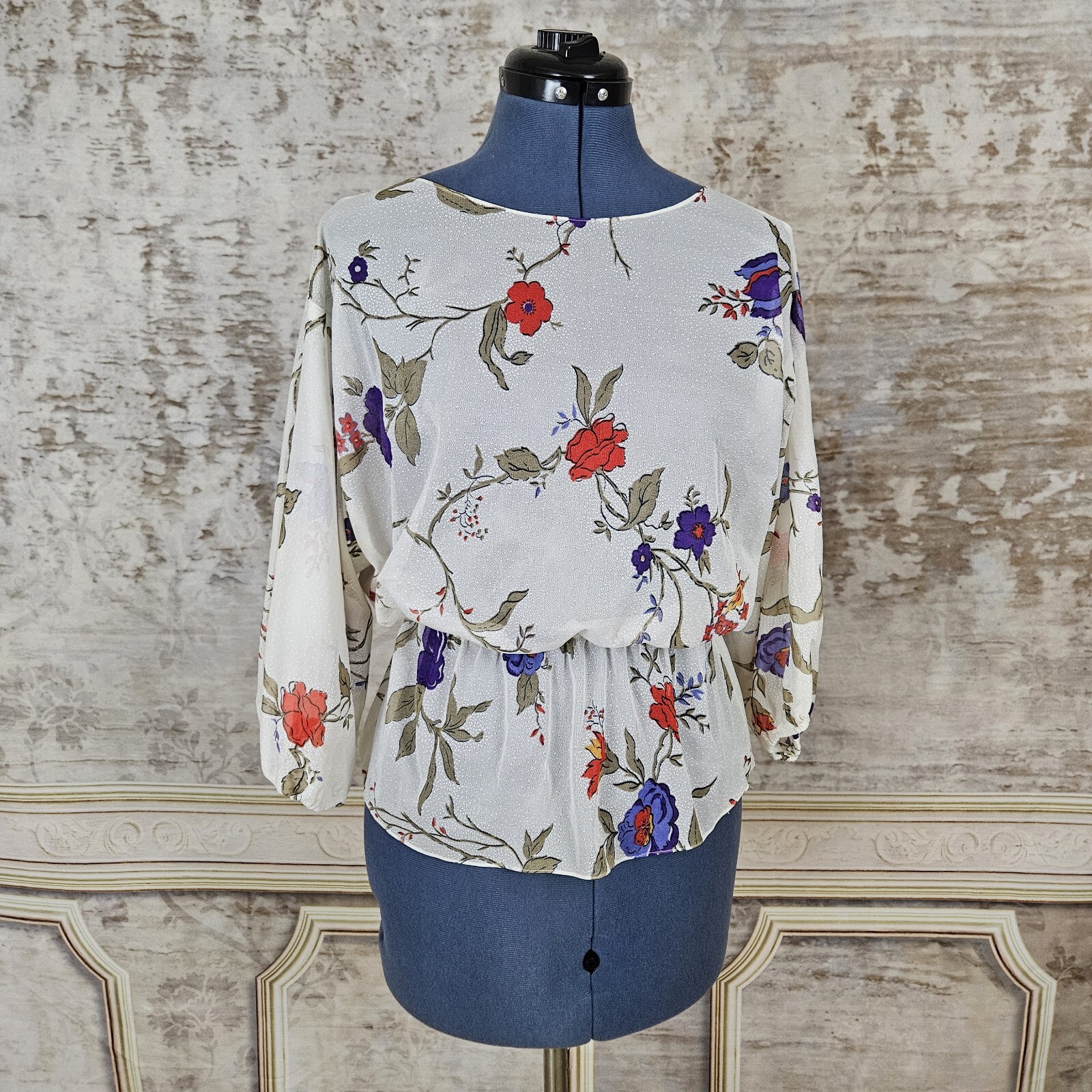 Vintage Sheer Blouse Small Floral Top Peplum 3/4 Sleeves Purple Red Ivory 1970s