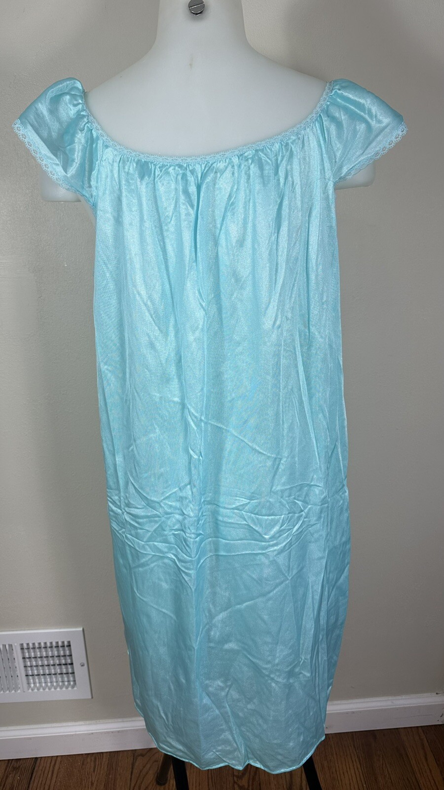 Vintage Glencraft Medium Silky Nylon Nightgown Blue Lace Lingerie Union Made USA