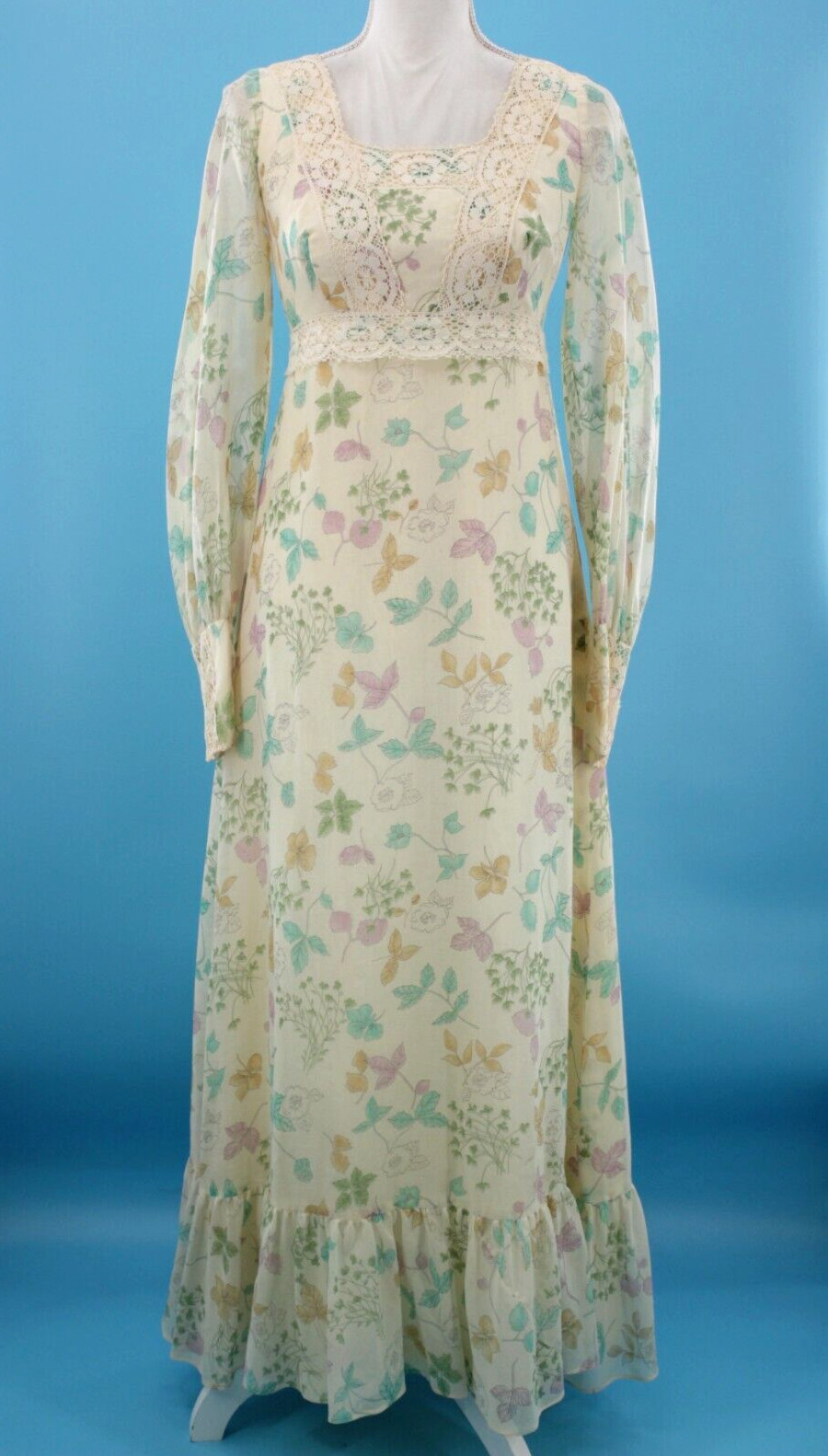 Vtg Women’s 70s Cream W/ Pastel Leaf Print & Lace Maxi Prairie Dress XS/S 1970s