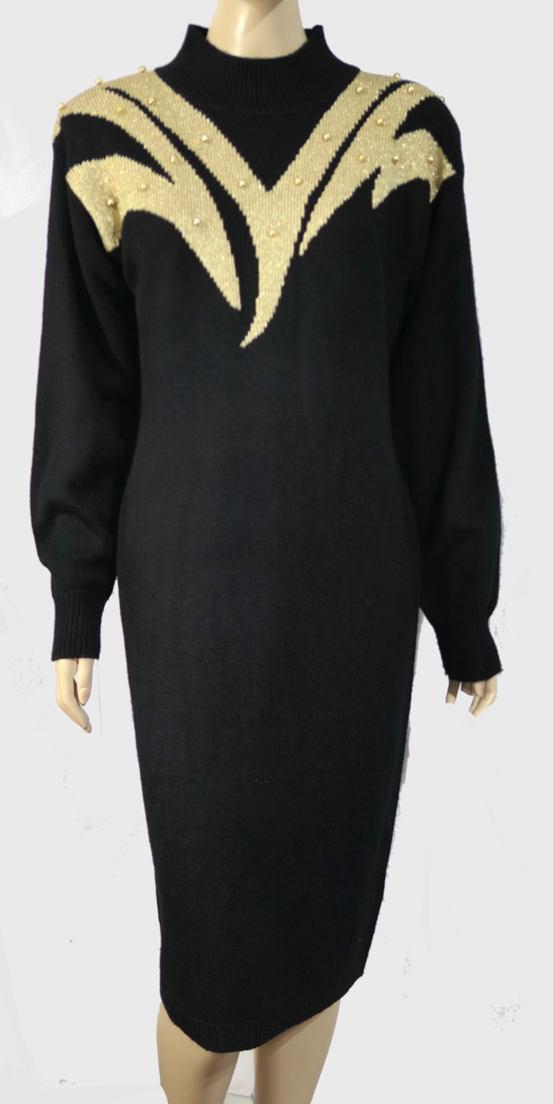 Vintage 90s Betsy Lauren Gold Metallic Beaded Sweater Pencil Dress L