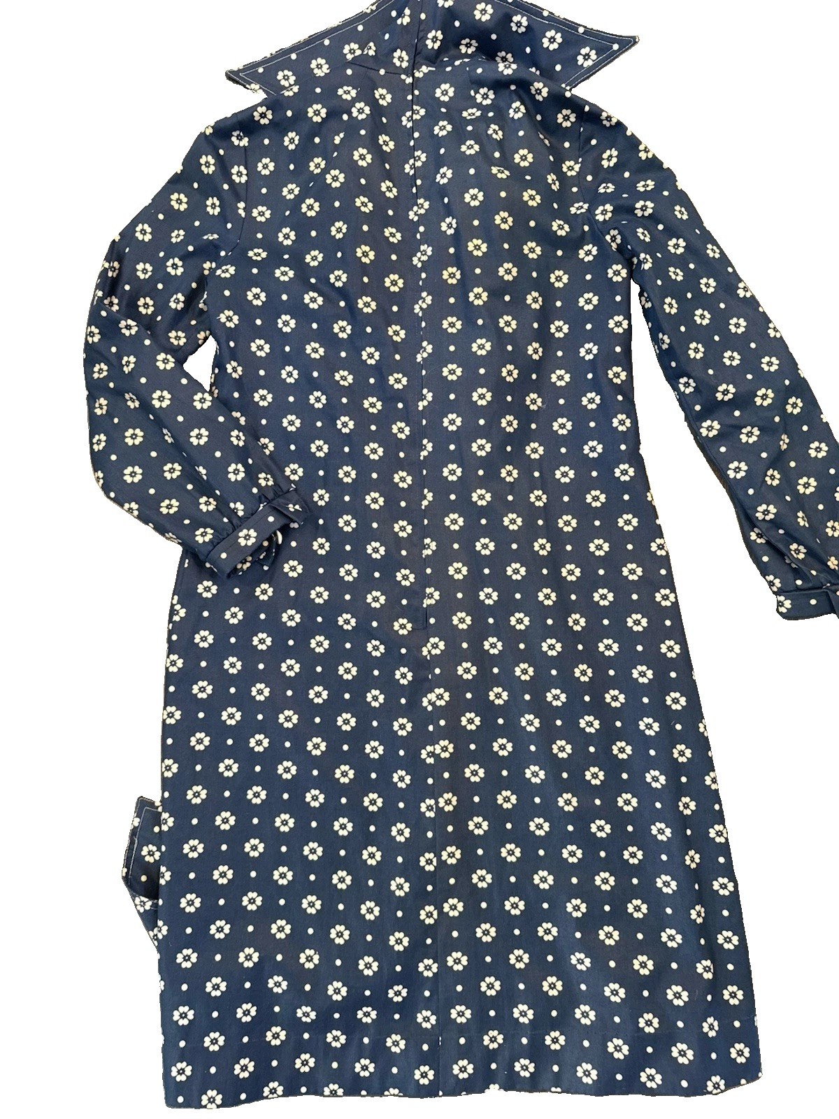 Vintage 1970s DW3 David Warren Collared Dress Navy & White Floral Belted Sz S/M