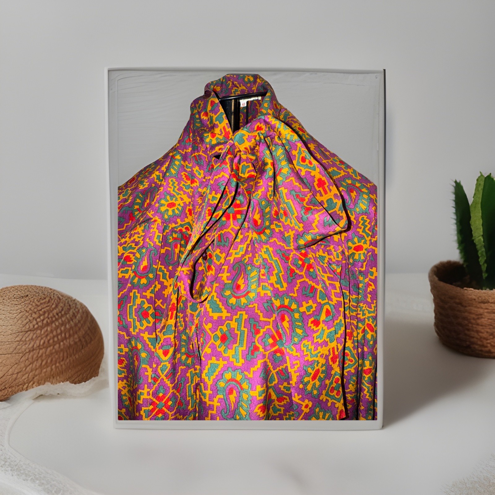 Yves Saint Laurent Vintage Silk Blouse Southwestern Print with Bow Tie Collar