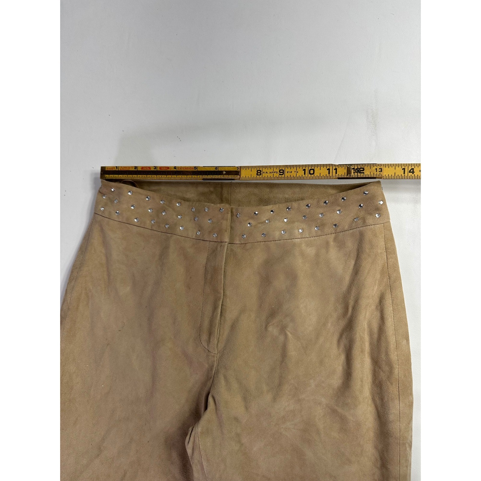 Cache Vintage Tan 100% Goat Suede Studded Rhinestone Straight Leg Pants Size 2