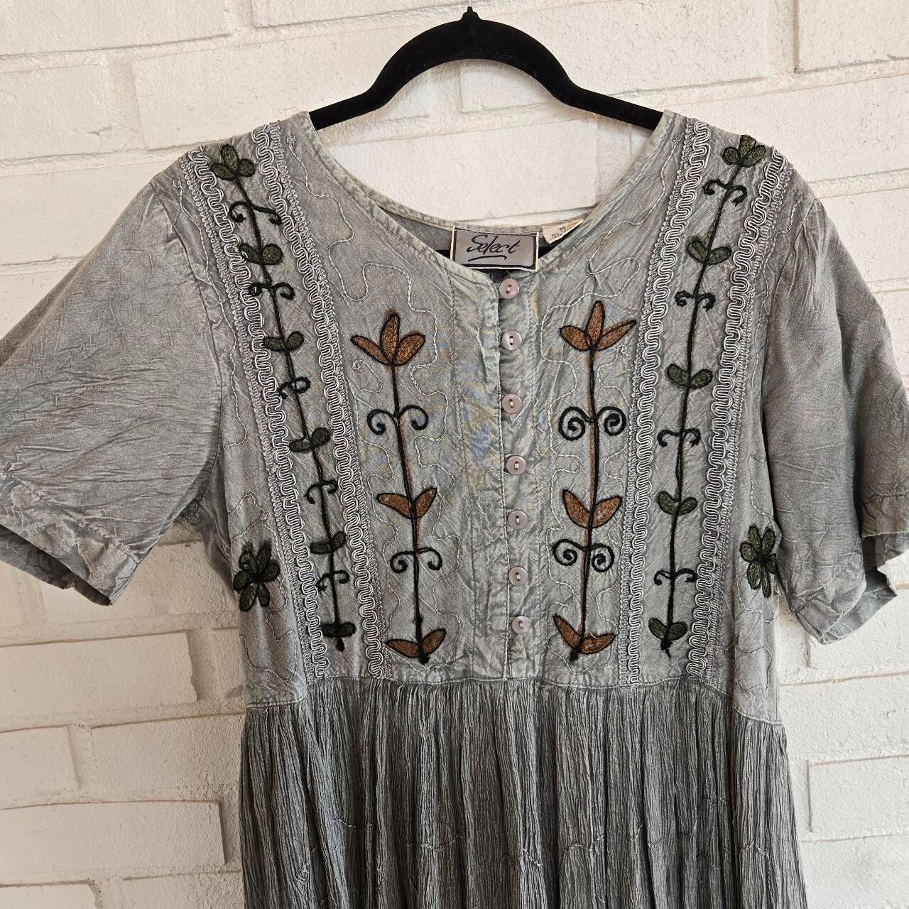 Vtg 90s Maxi Dress, Witchy, Grunge, Boho, Earthy Gray,Tie back, Select, Sz M