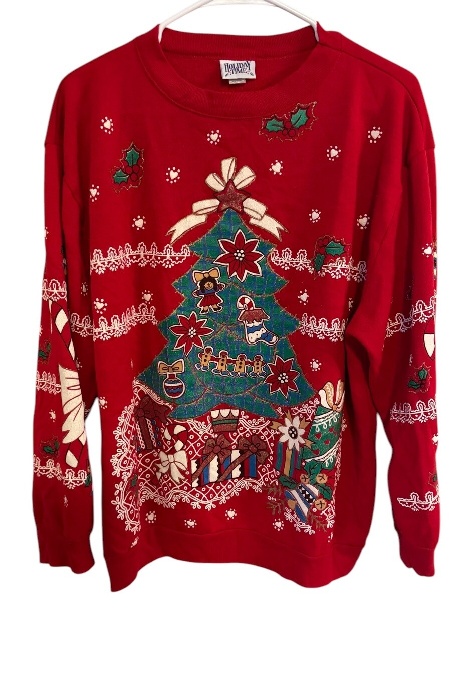1990s Retro Red Christmas Holiday Bow Candy cane Tree Size Lg Ugly Sweaters VTG
