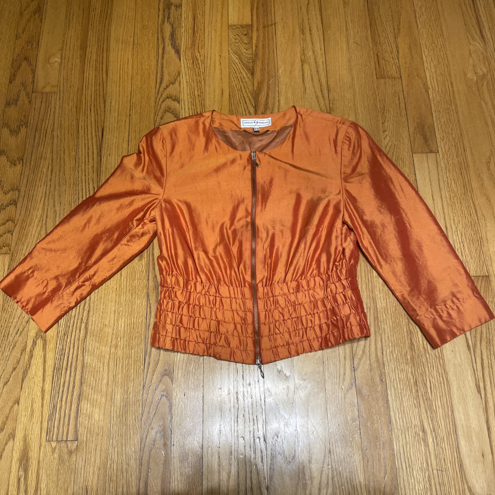 Vintage Singh S. Madan Silk Bronze Orange 100% Silk Bomber Jacket US 4 Small