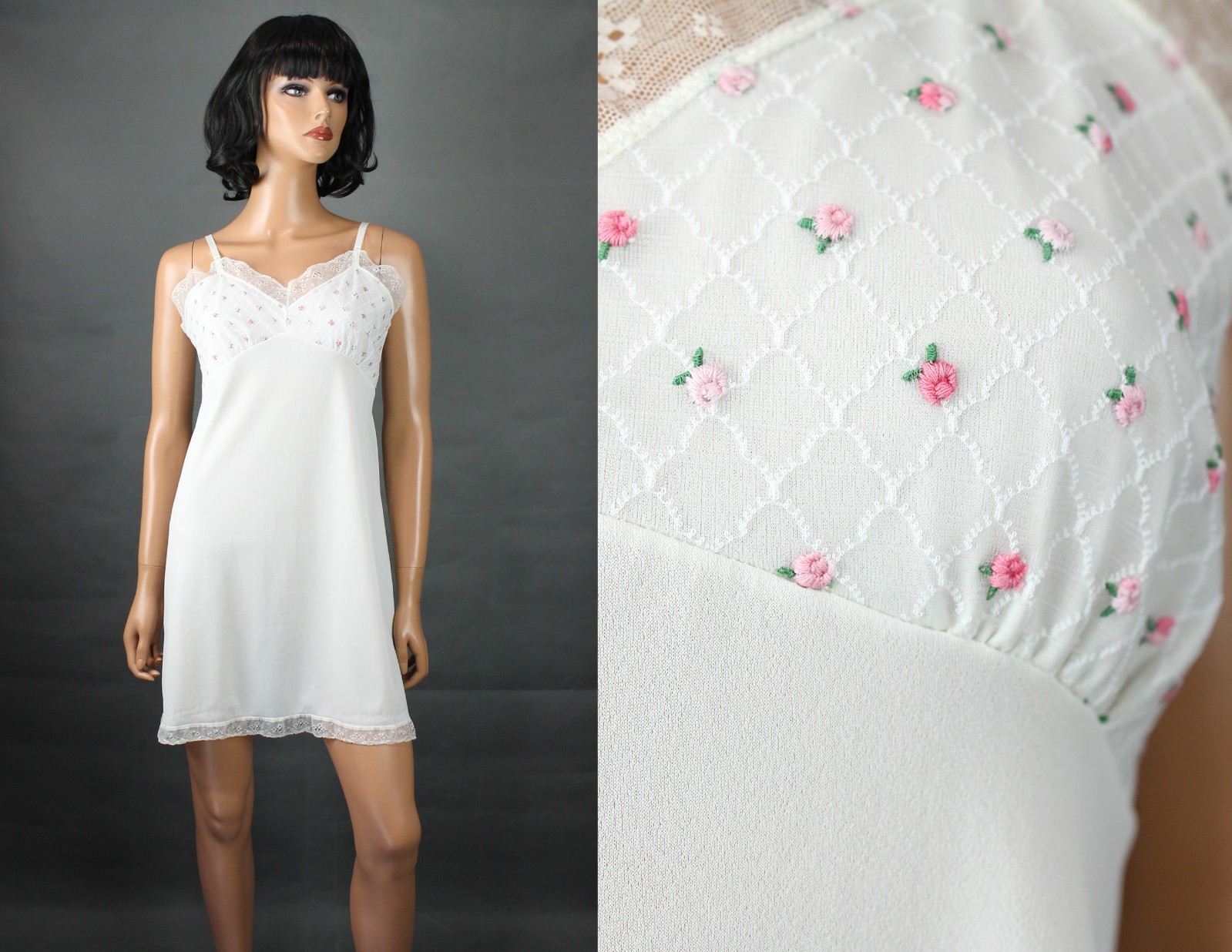 50s Velrose Full Slip 36 White Pink Embroidered Chiffon Short Mini Dress Slip