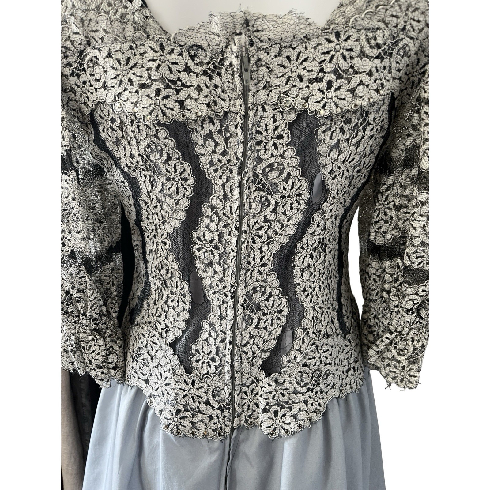 Vintage 80s Special Occasion Dress Lace Blue Gray Maxi Mother of the Bride 6