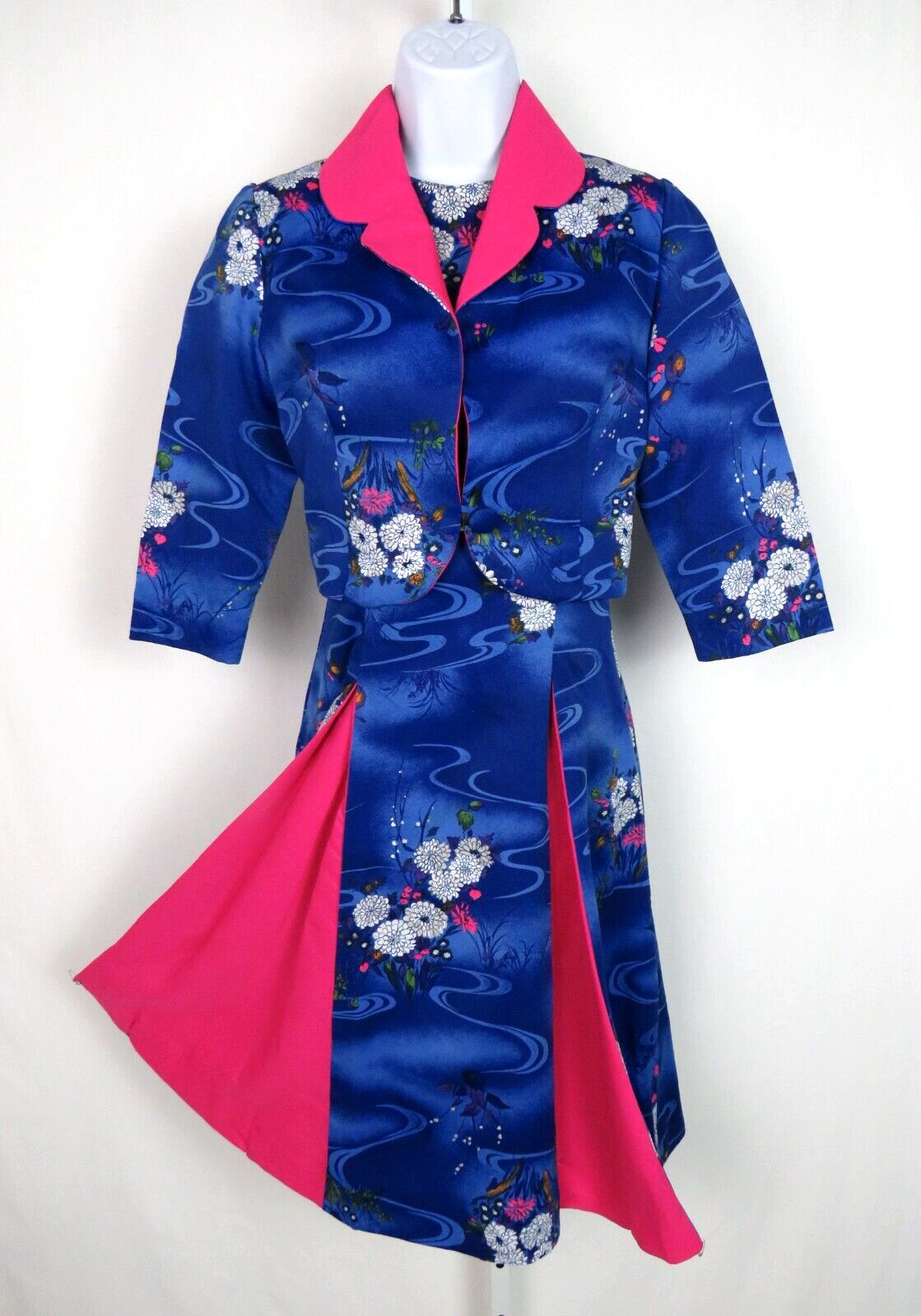 VTG 1950s 60s WALTAH CLARKE’S OF HONOLULU DRESS & CROP JACKET FLORAL POLY SILK?