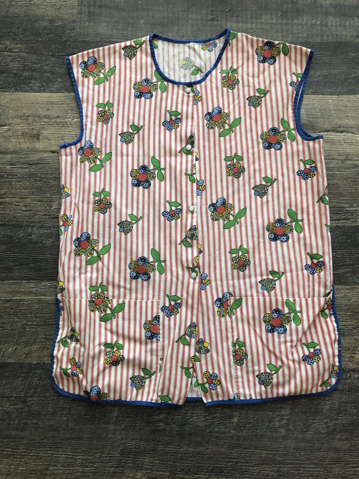 Vtg 60s/70s Floral Red Multicolor Top Vest Apron Smock Front Button Pockets~XL/L