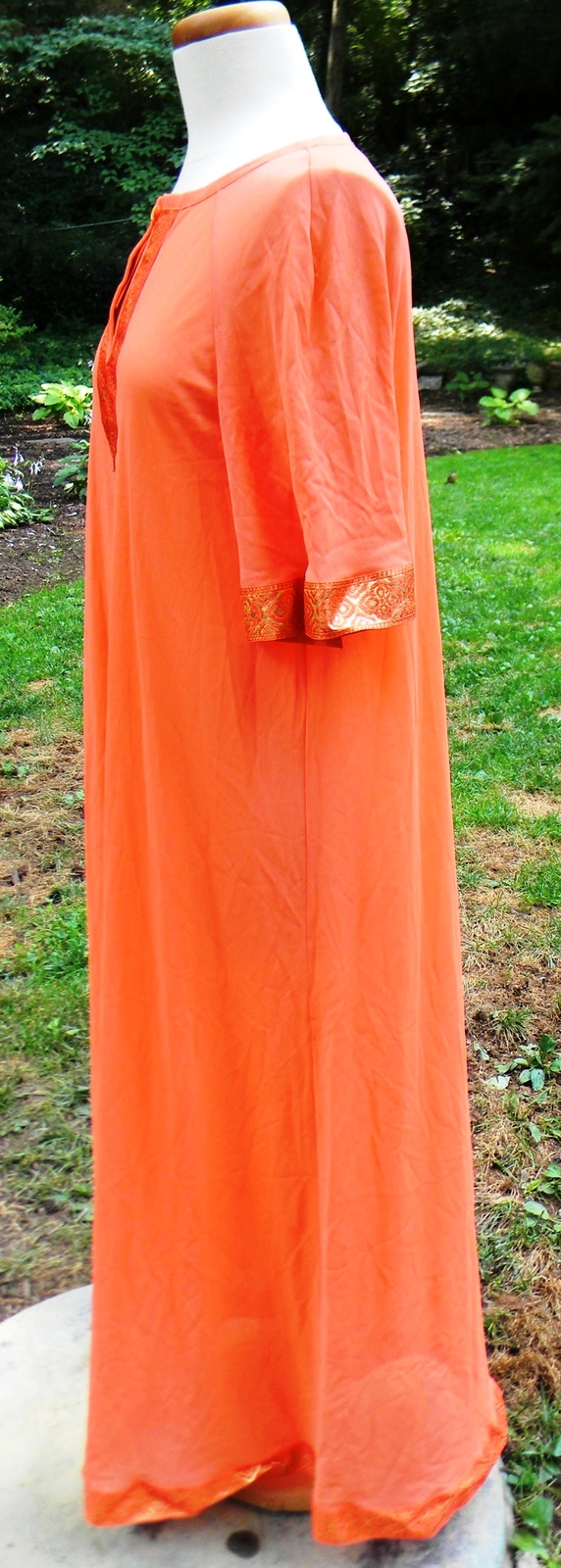 Vintage Enka Crepeset Mistee Nightgown Loungewear Orange Gold Trim Caftan Robe M