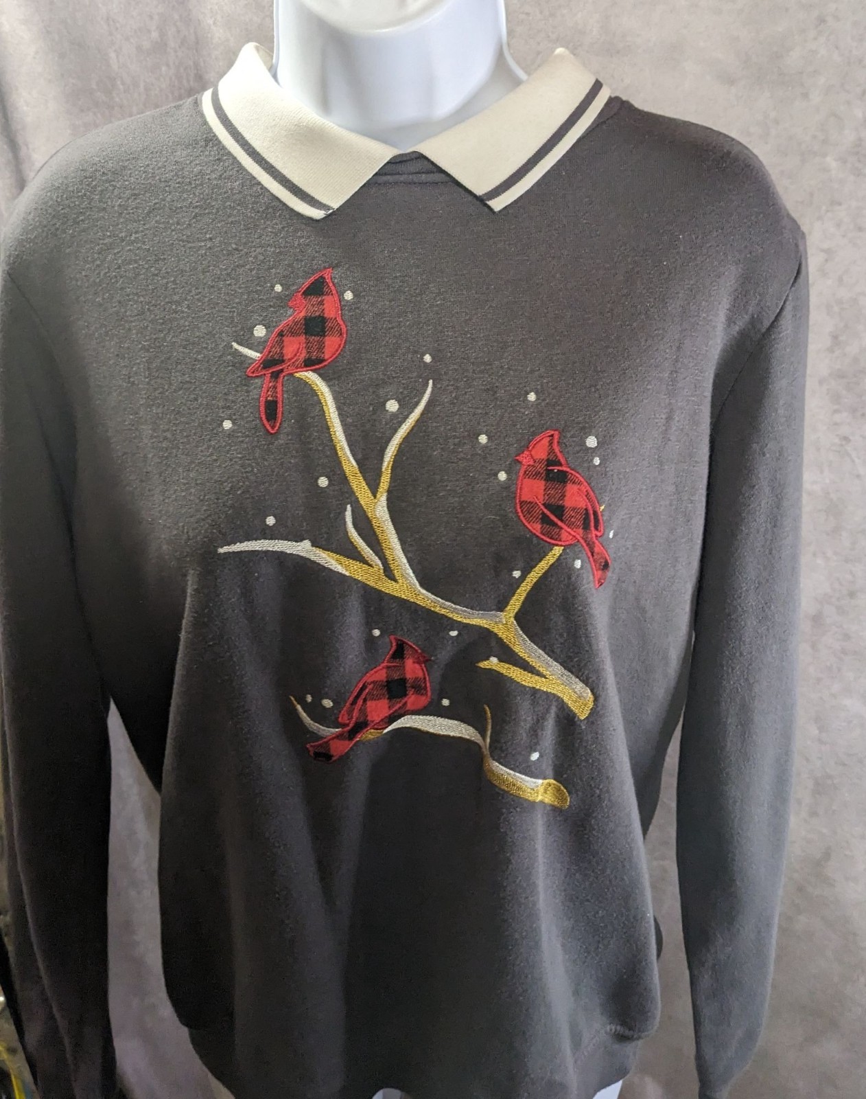 Adrian Delafield Vintage Embroidered Cardinal Sweatshirt With Collared Neck Gray