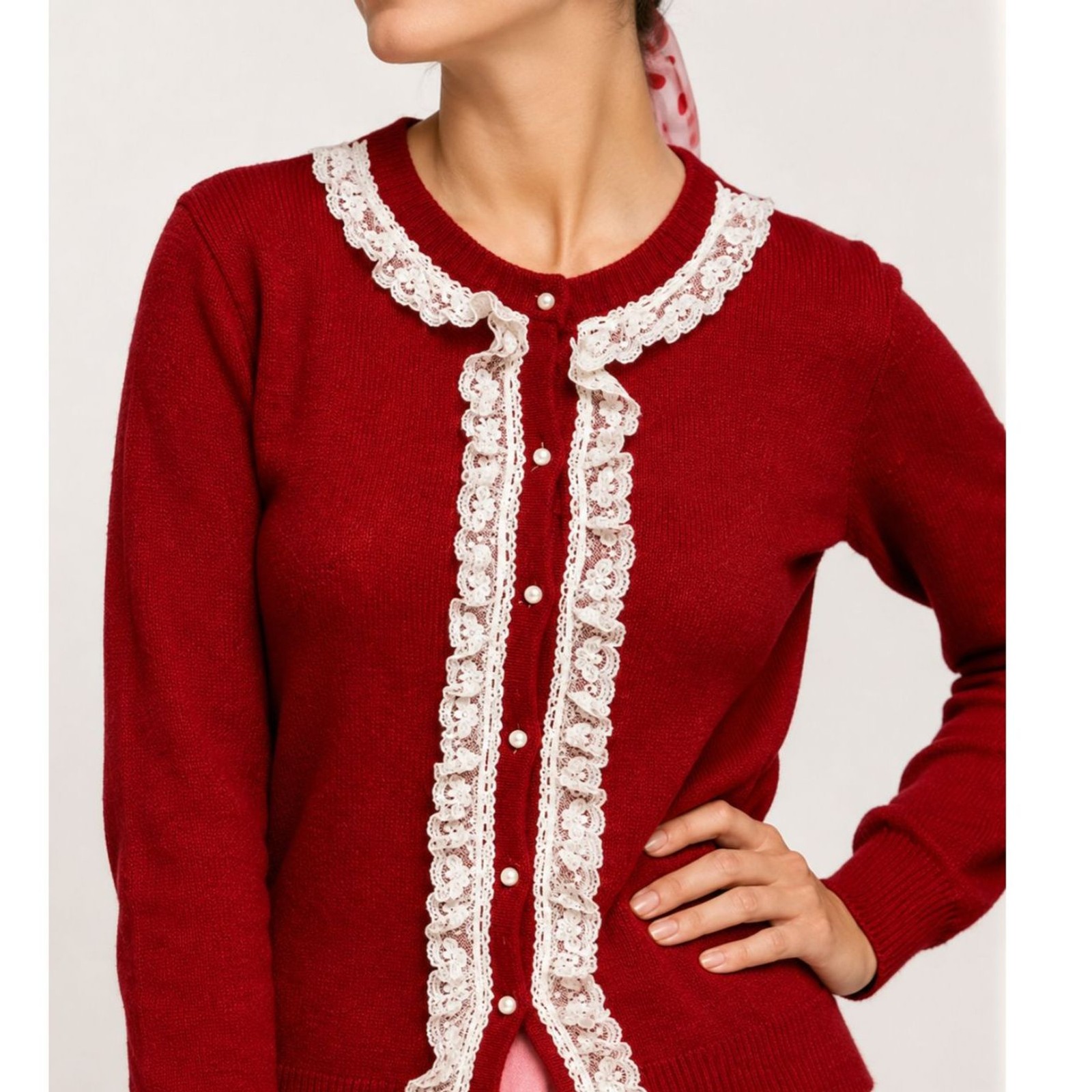 Vintage Alley Cat USA Red Lace Trim Cardigan Sweater Women’s L Pearl Cottagecore