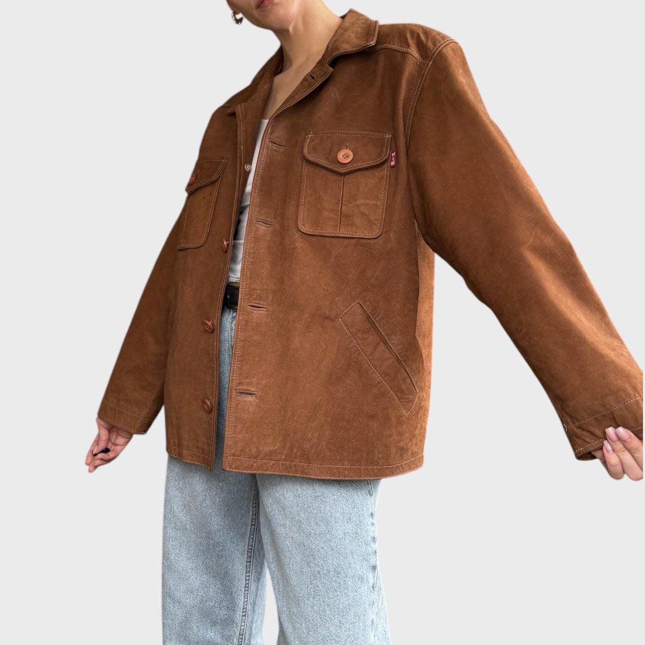 Vintage Brown Leather Jacket Oversized Unisex Button Up size US L/XL