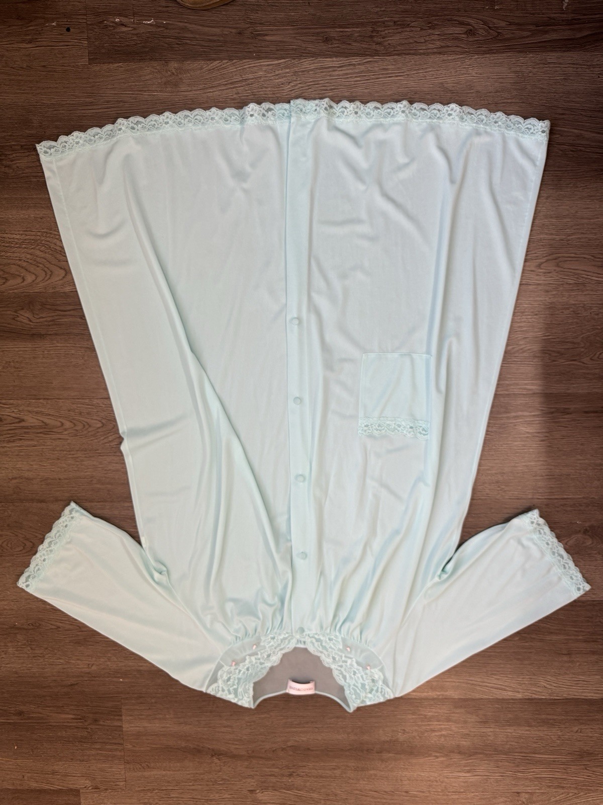 M Shadowline Lace Embroidered Tea Roses Mint Blue Silky Satin Robe Button Pocket