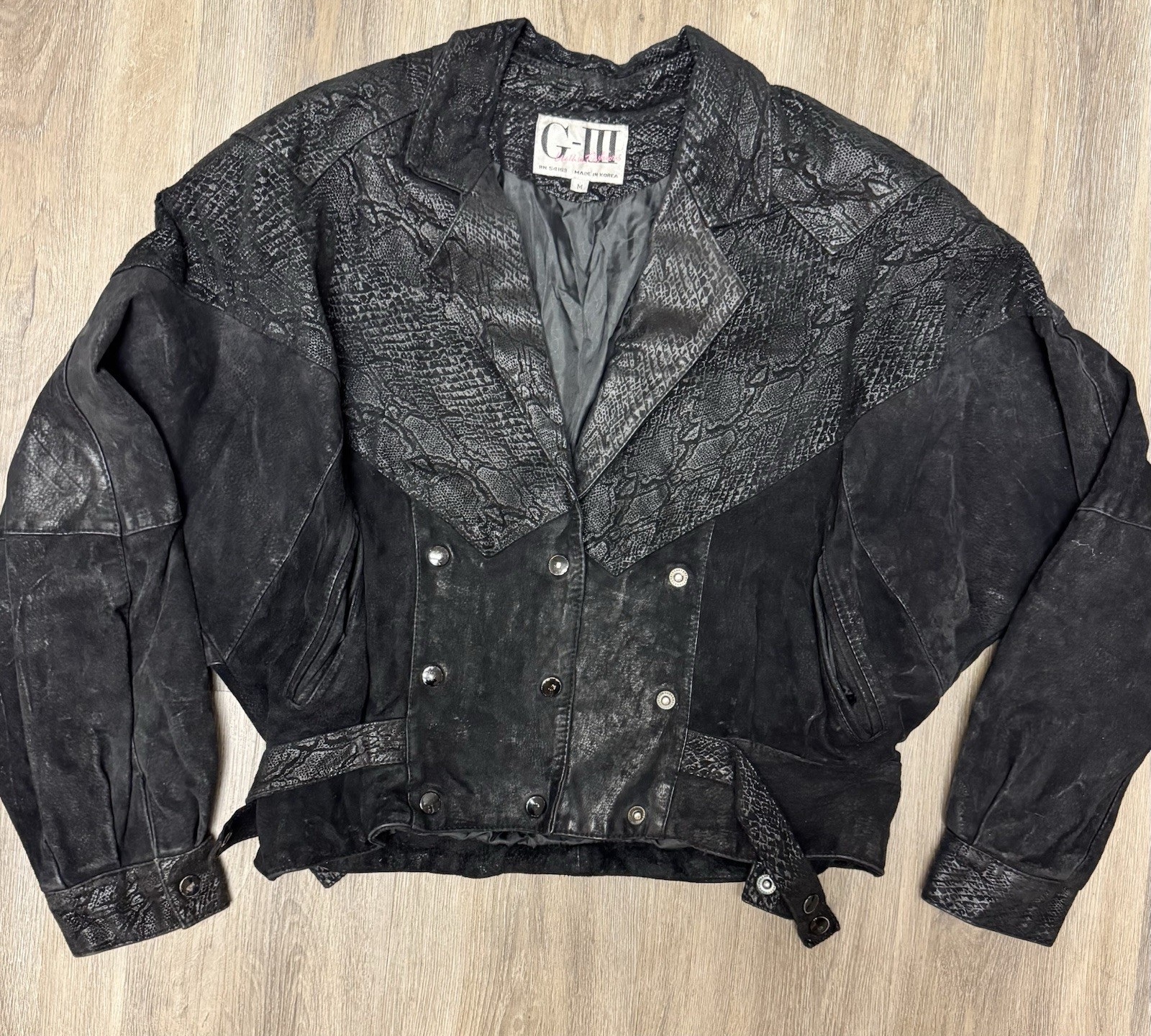 Vintage 80s 90s G-III Leather Snakeskin Cropped Bomber Jacket Womens M Brown