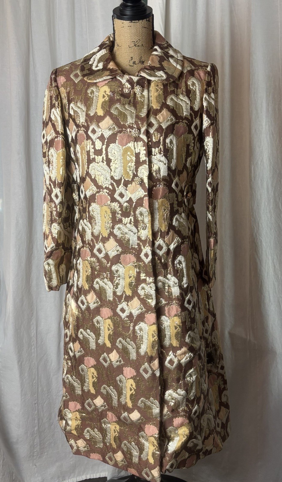 Vintage 1960’s 2 Pc Set Dress Coat Jacquard Gold Metallic Sz M (12) READ AS IS