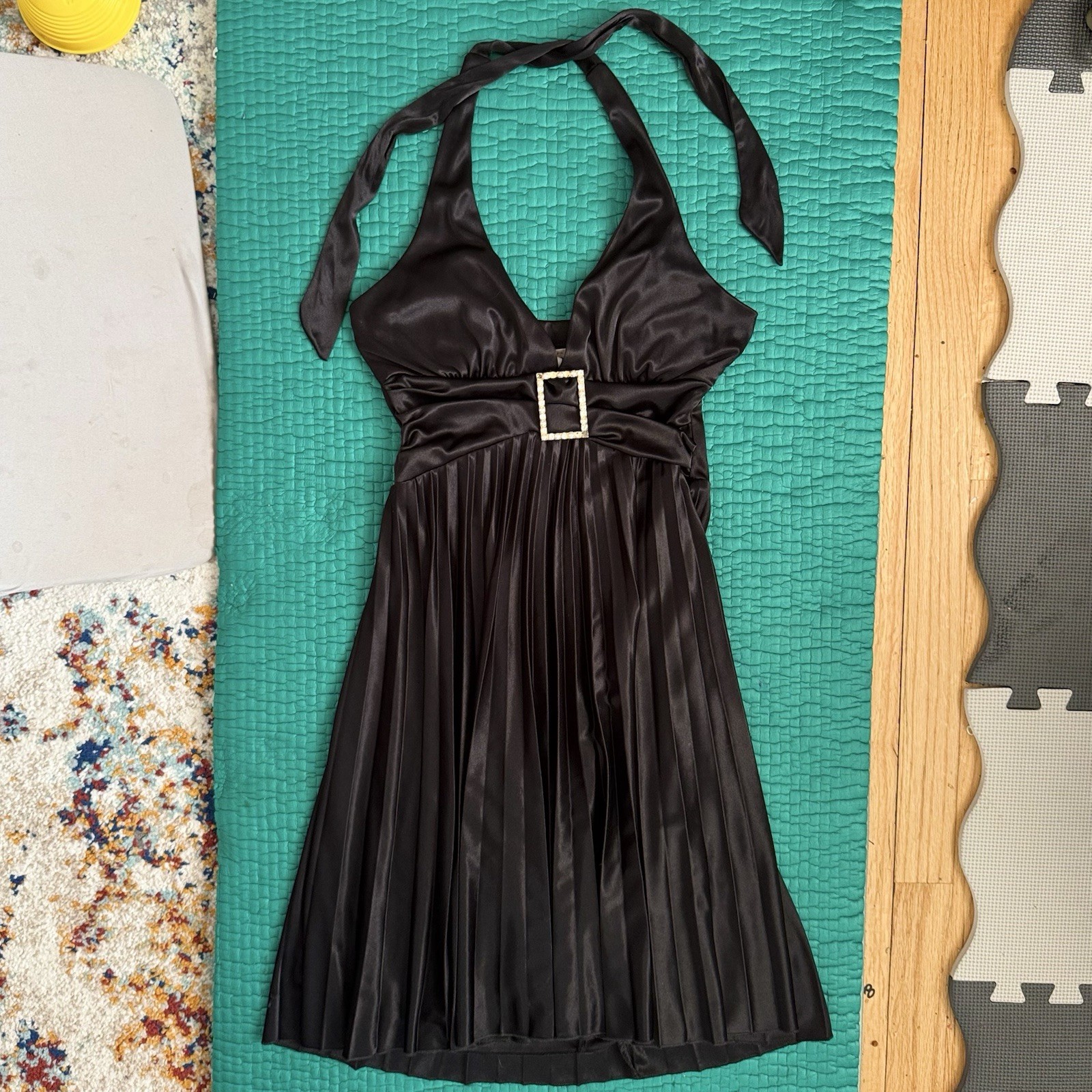 Vintage Y2K Speechless Midi Party Dress Halter Pleated Satin Black Sz S 2000s