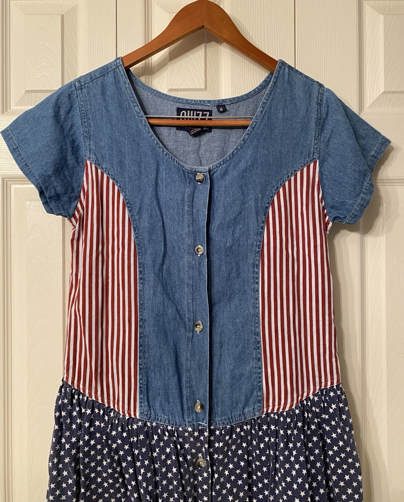 Vintage 90’s Americana Denim Dress Cottage core Medium Flag Quizz USA