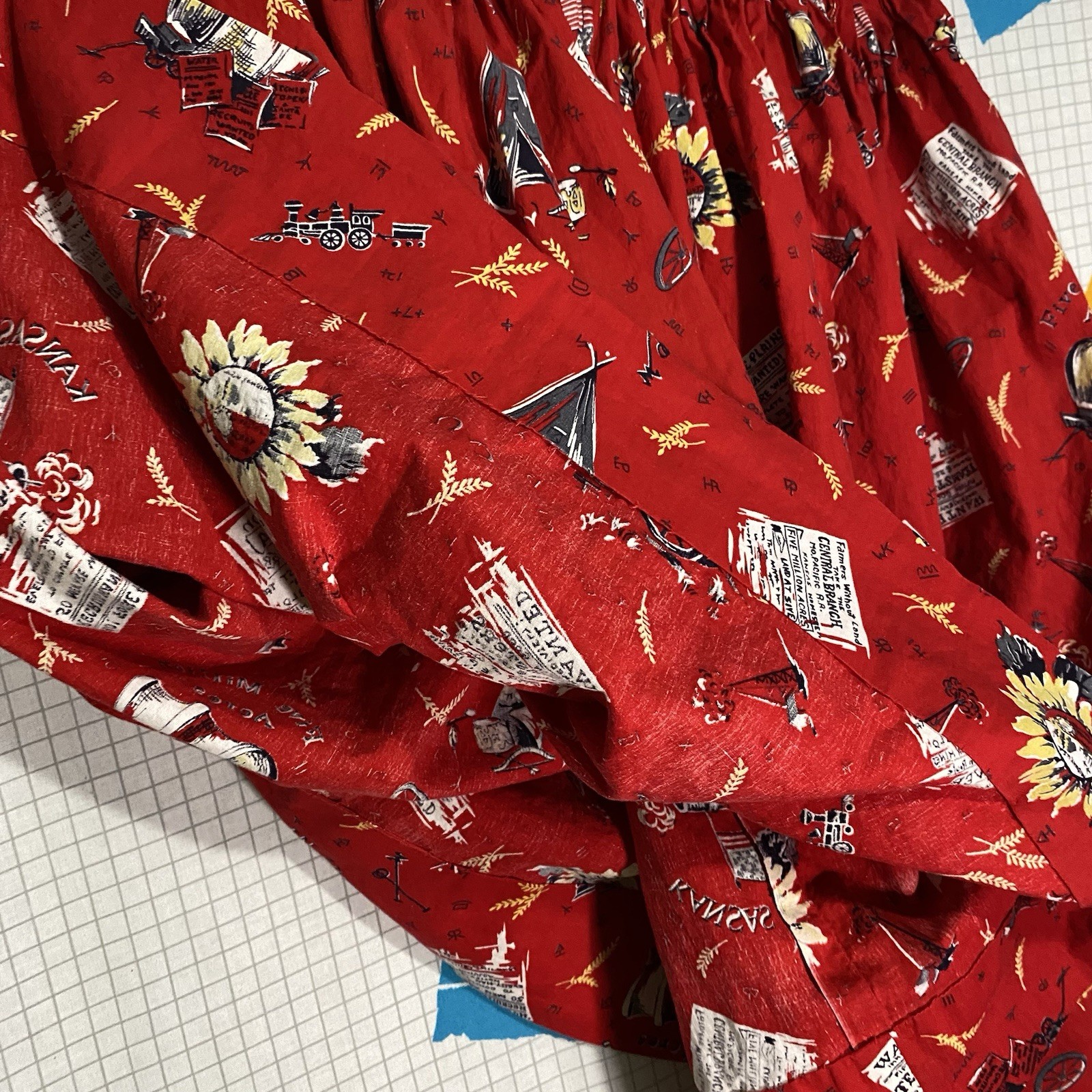 Vintage 50s Novelty Print Skirt Art Santa Fe Railroad Travel Rockabilly Western