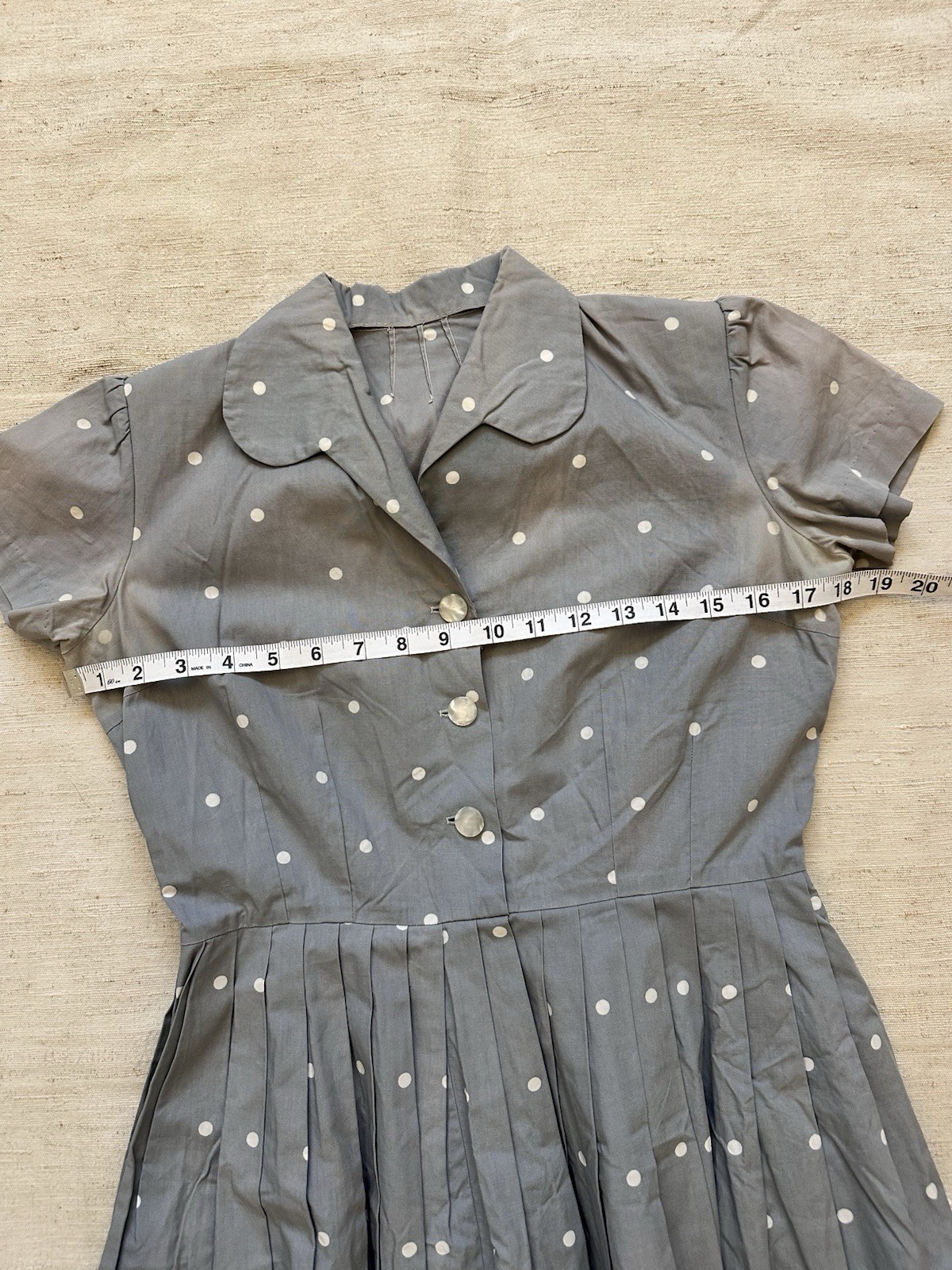 1950s Vintage Handmade French Cotton Farm Chore Dress Polkadot Grey Faded Small